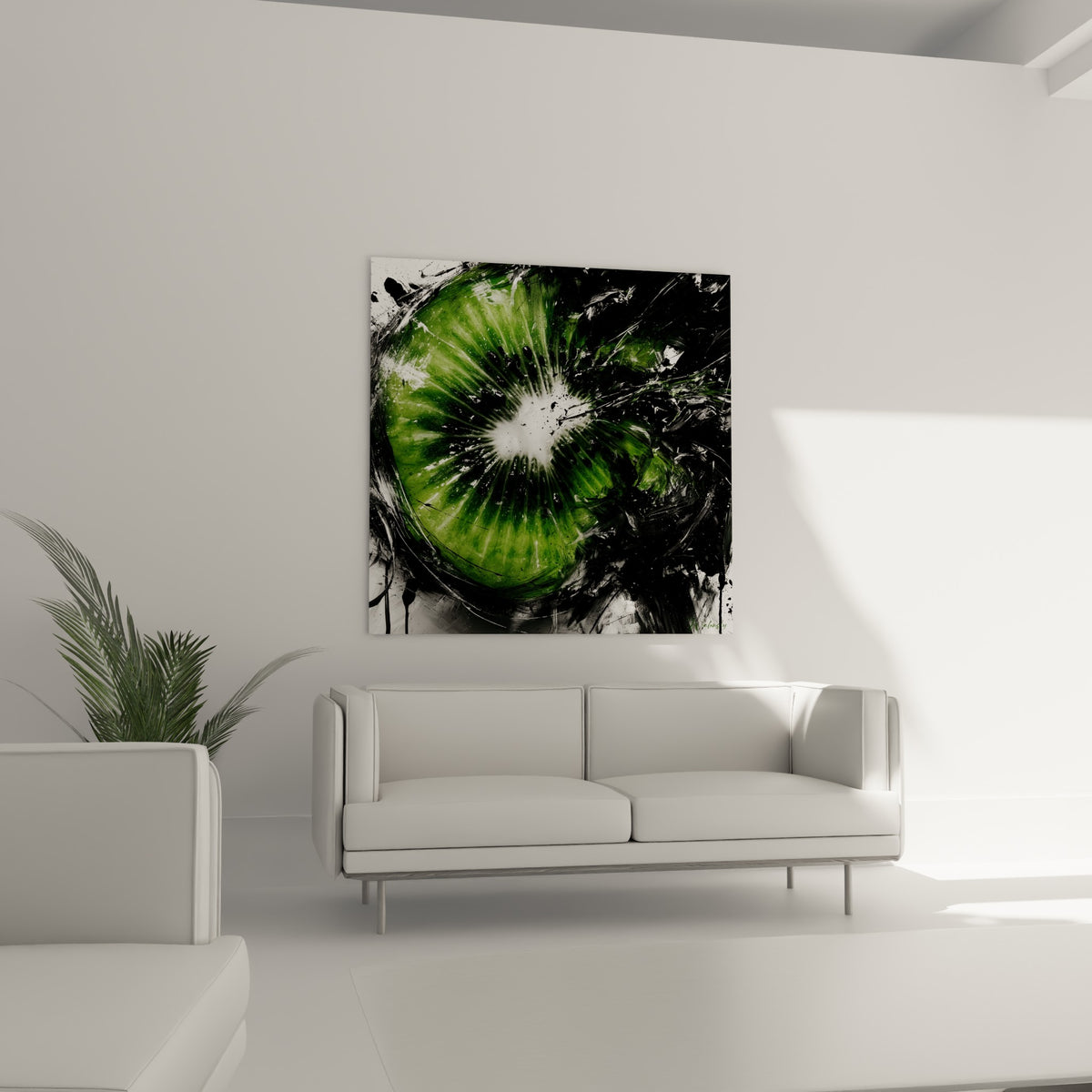 Tranche de kiwi vert et noir profond suspendue au-dessus d'un canapé dans un salon lumineux