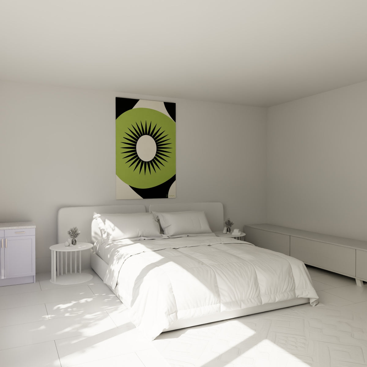 Motif kiwi vert et noir en aplat graphique, accroché au-dessus d'un lit dans une chambre claire