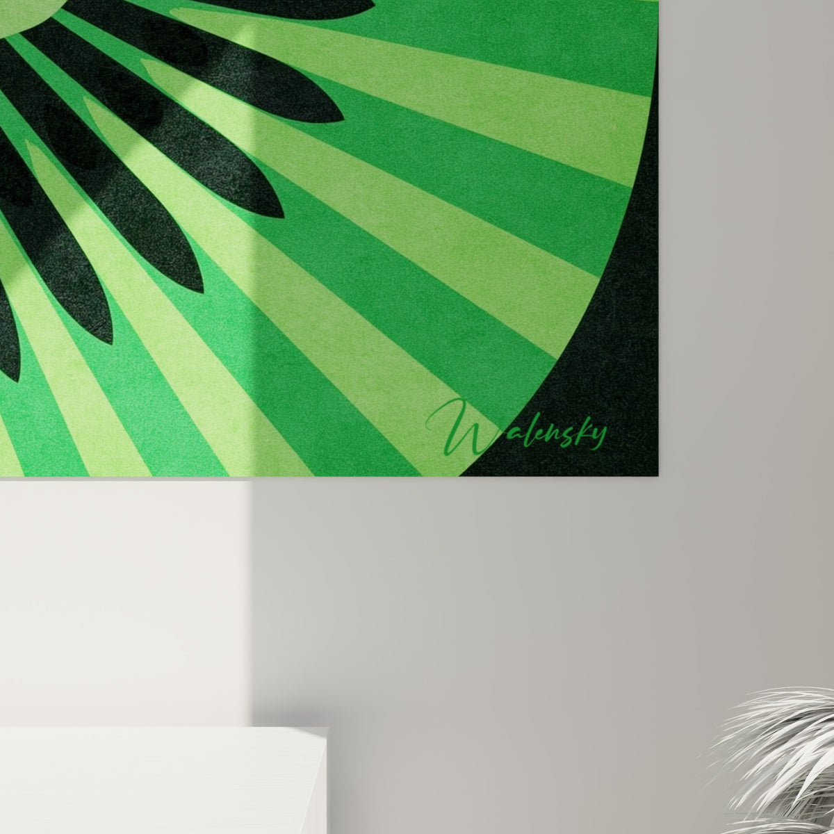 Détail des pointes noires et du vert émeraude du motif kiwi, texture d'impression visible de près