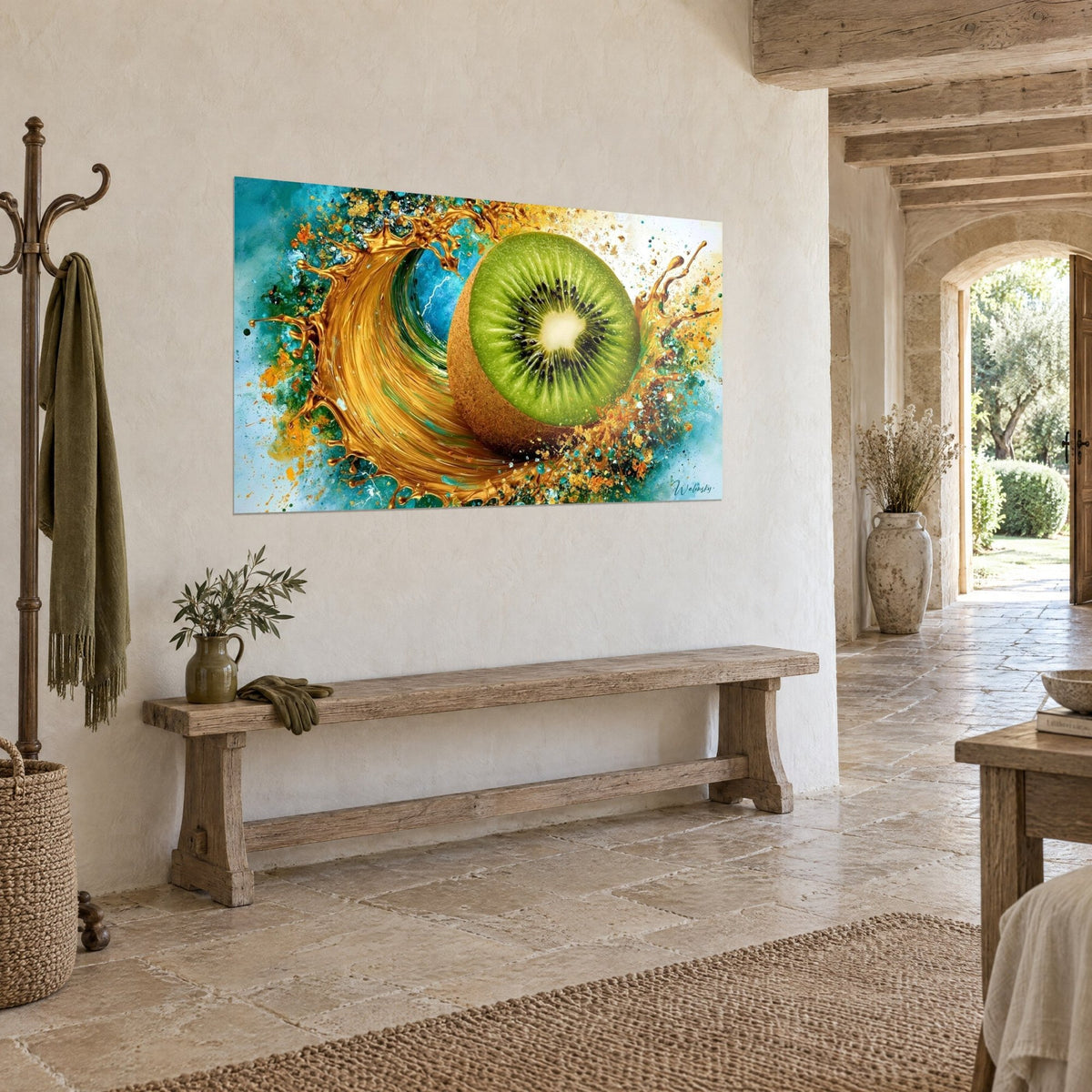 Wall art fruit sliced to a cream-coloured core, fuzzy brown skin, amber and glacier-blue splash, on the wall of a stone house in three-quarter view