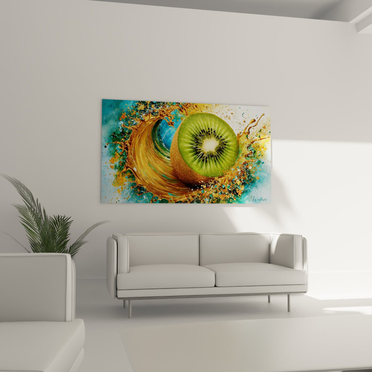 Éclaboussures dorées et turquoise autour d'un kiwi coupé, au-dessus d'un canapé dans un salon lumineux
