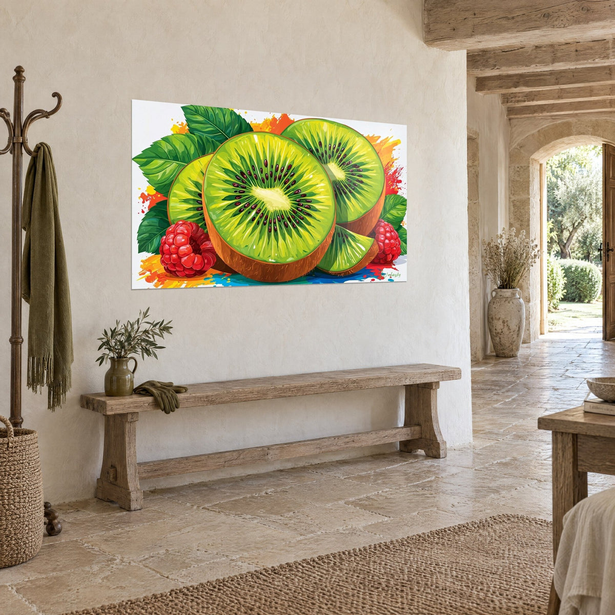 Wall art sliced exotic fruit, green flesh and brown skin, surrounded by red raspberries, on a stone wall in three-quarter view