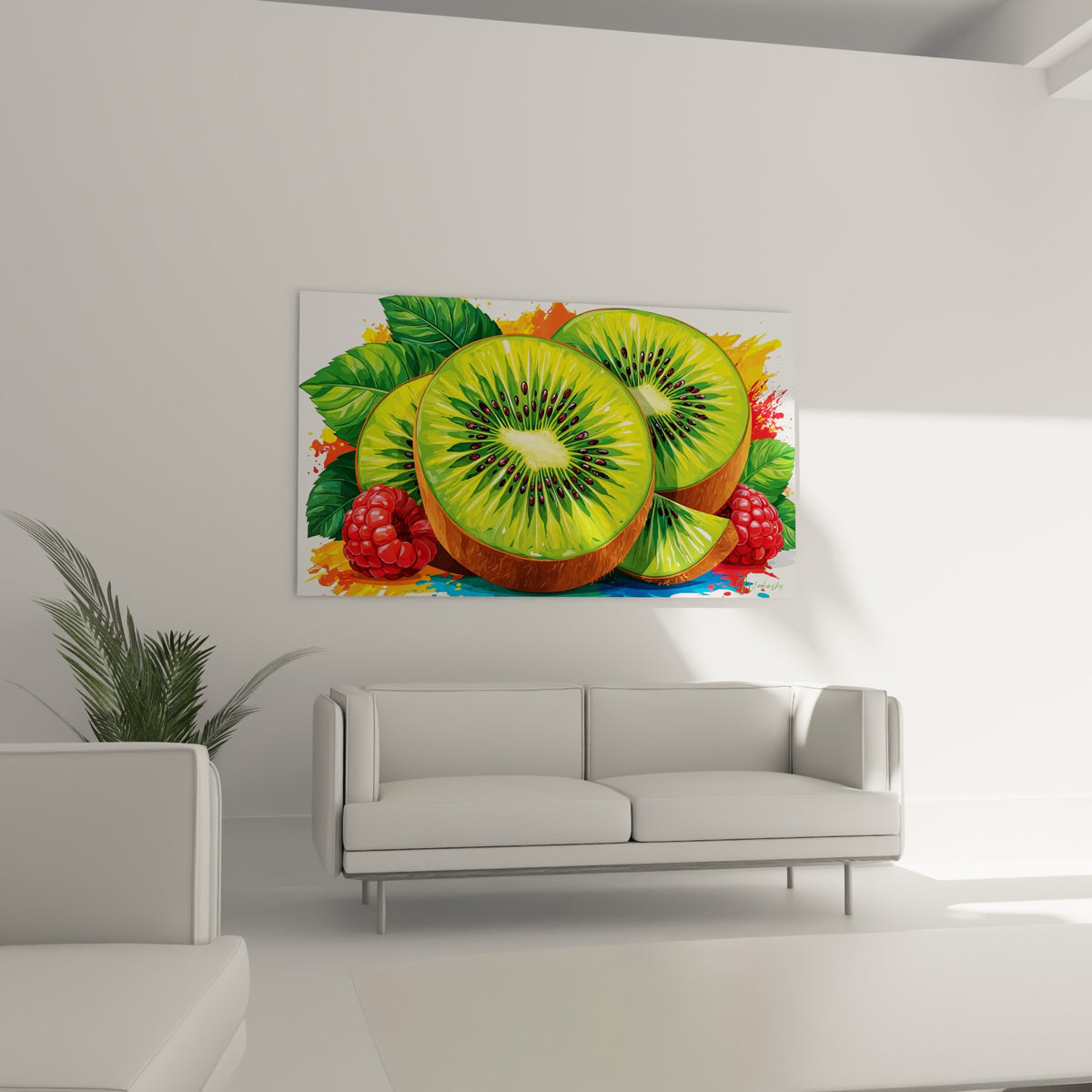 Tranches de kiwi juteuses et framboises éclatantes suspendues au-dessus d'un canapé dans un salon lumineux