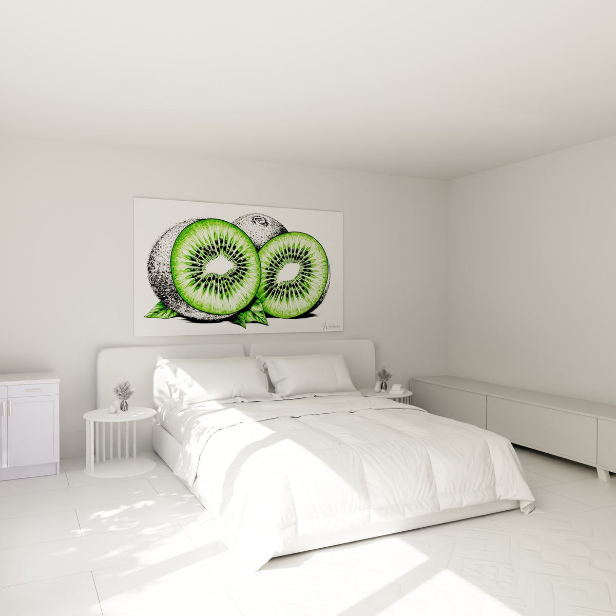 Fruit exotique vert et anthracite illustré au-dessus d'un lit dans une chambre claire