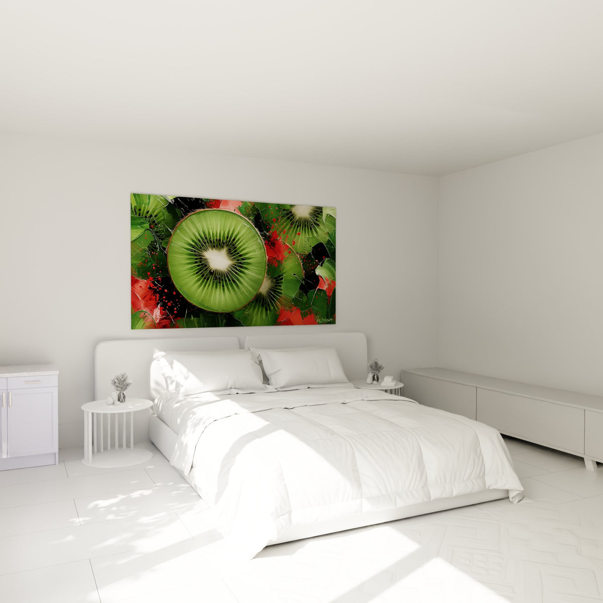 Fruit kiwi vert et rouge peint avec réalisme, accroché au-dessus d'un lit dans une chambre claire