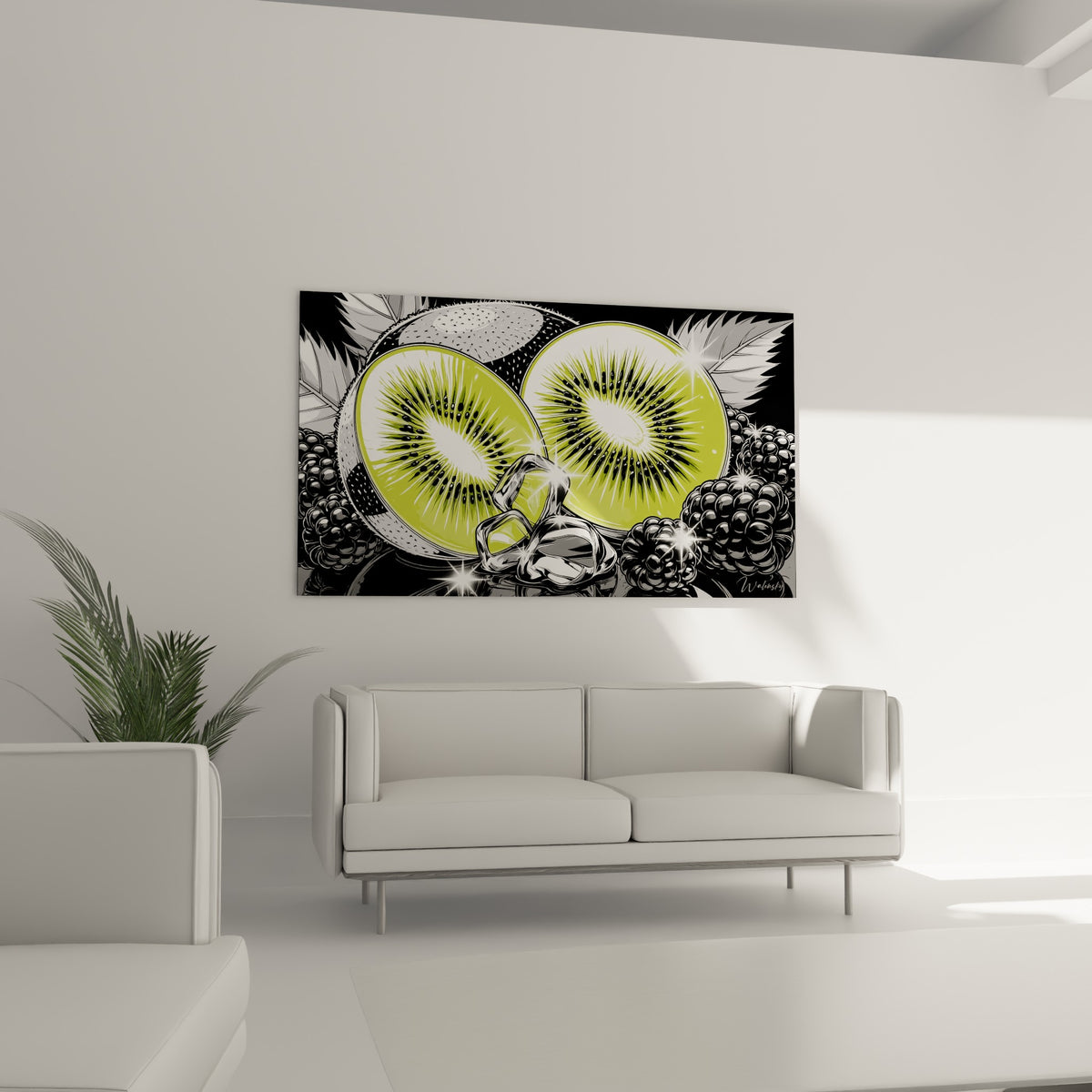 Kiwi tranché vert et noir accompagné de glaçons argentés au-dessus d'un canapé dans un salon lumineux