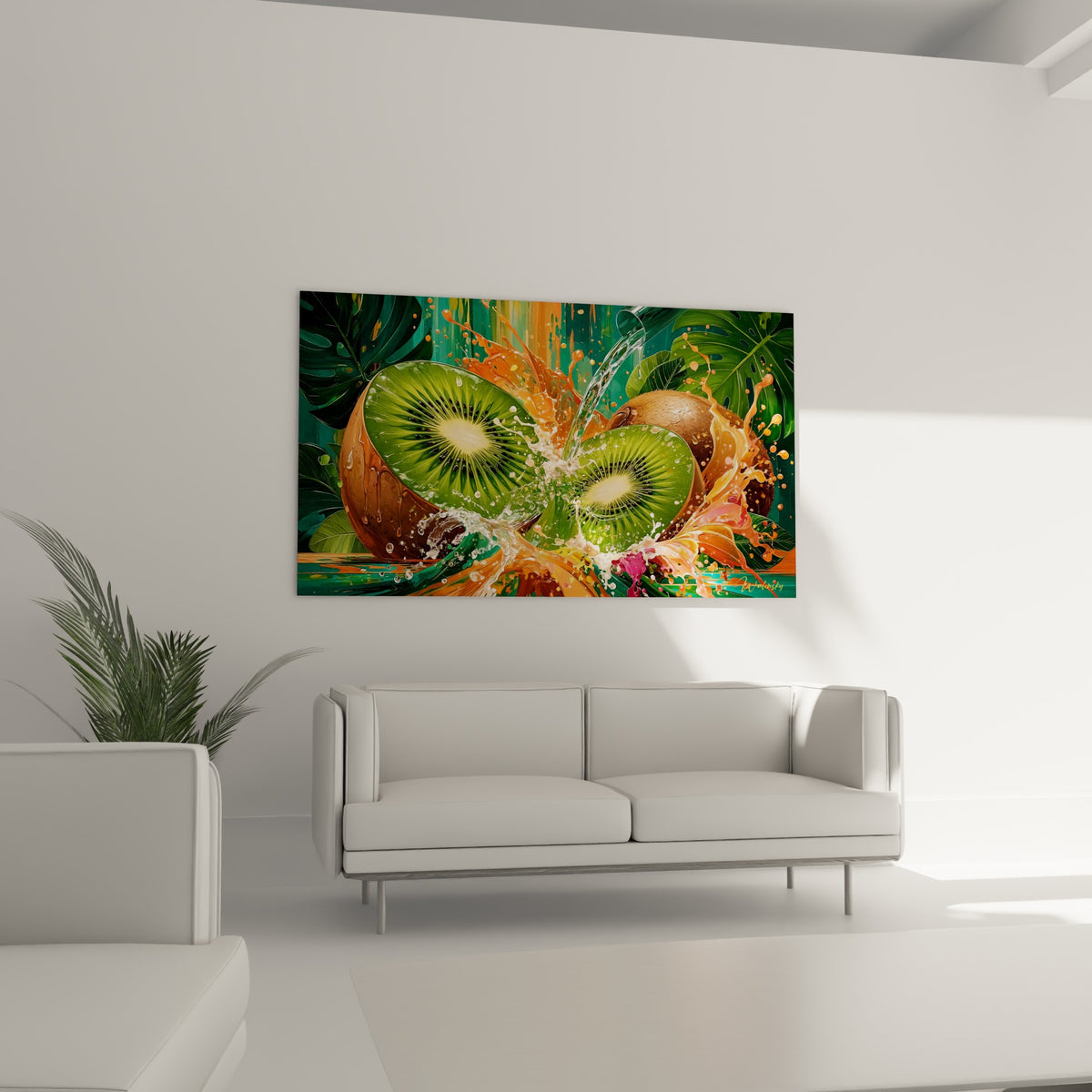 Fruit de kiwi coupé et gouttes turquoise suspendues au-dessus d'un canapé dans un salon lumineux