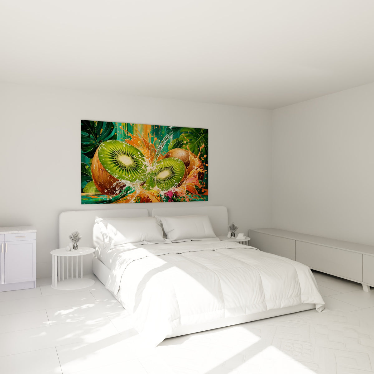 Tranches de kiwi vert et éclaboussures orange corail au-dessus d'un lit dans une chambre claire
