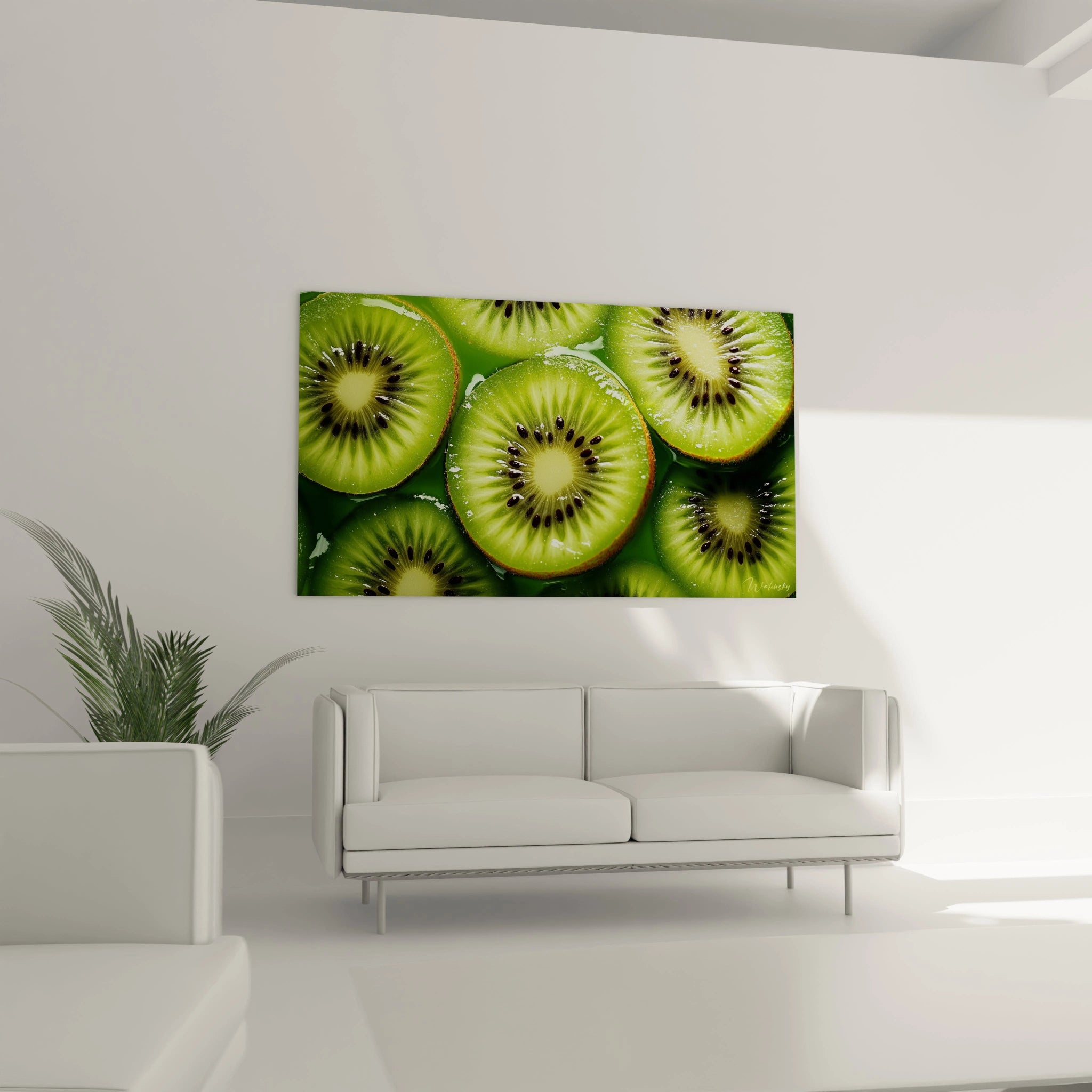 Un tableau kiwi illustrant des kiwis coupés en sections, aux teintes vertes et jaunes, avec une surface humide et des contours précis, contrastant avec un fond fluide et légèrement brillant.