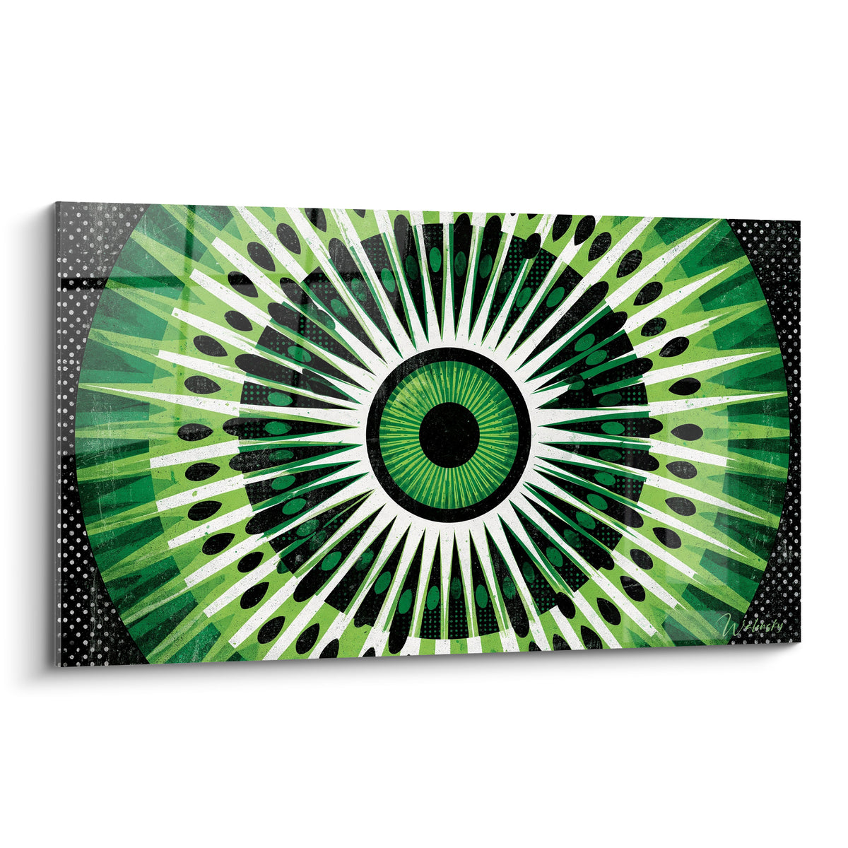 Œil vert émeraude et noir aux rayons pointus, motif graphique rétro sur fond pointillé