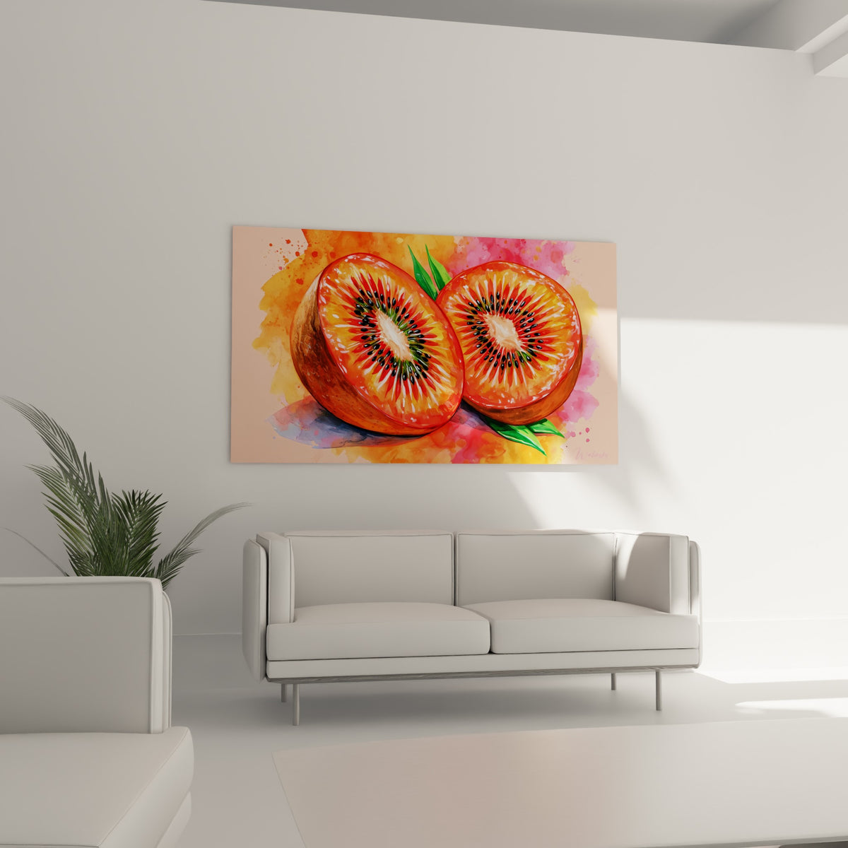 Kiwi coupé aux nuances orangées et roses accroché au-dessus d'un canapé dans un salon lumineux