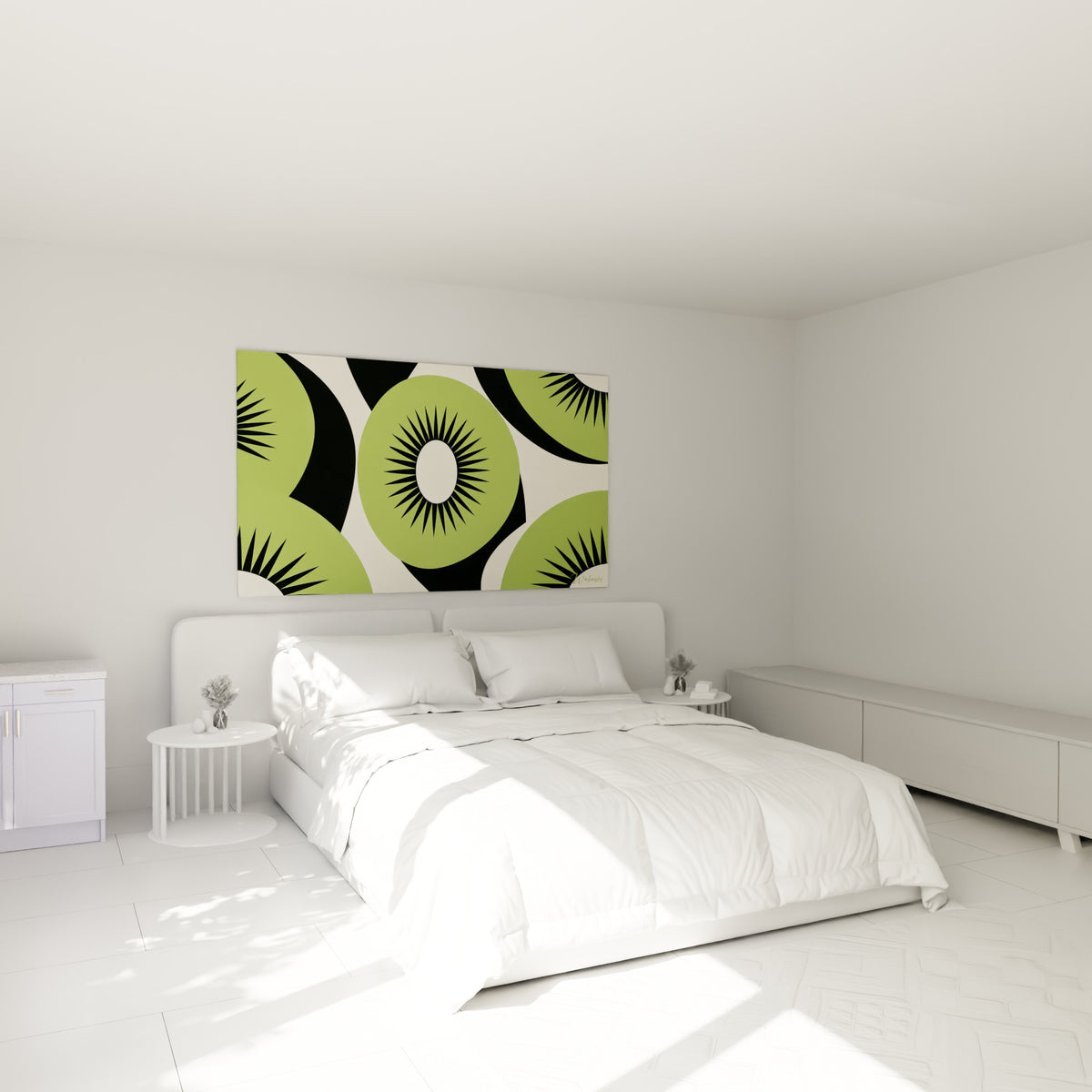Motif de kiwi vert et noir aux formes solaires accroché au-dessus d'un lit dans une chambre claire