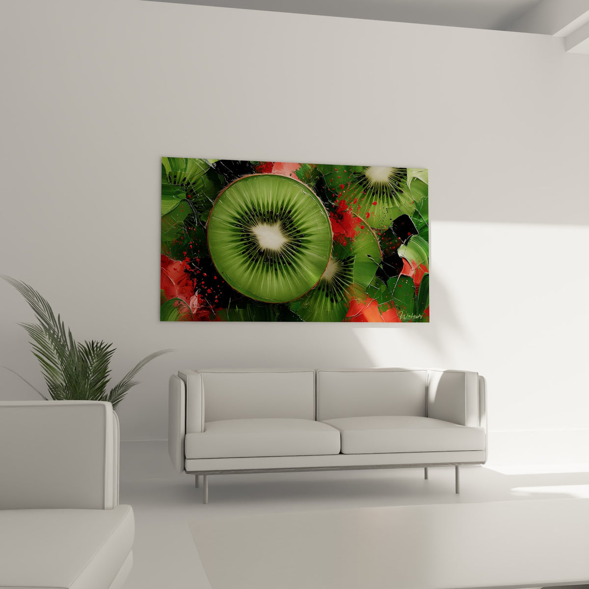 Tranche de kiwi verte et rouge vif suspendue au-dessus d'un canapé dans un salon lumineux
