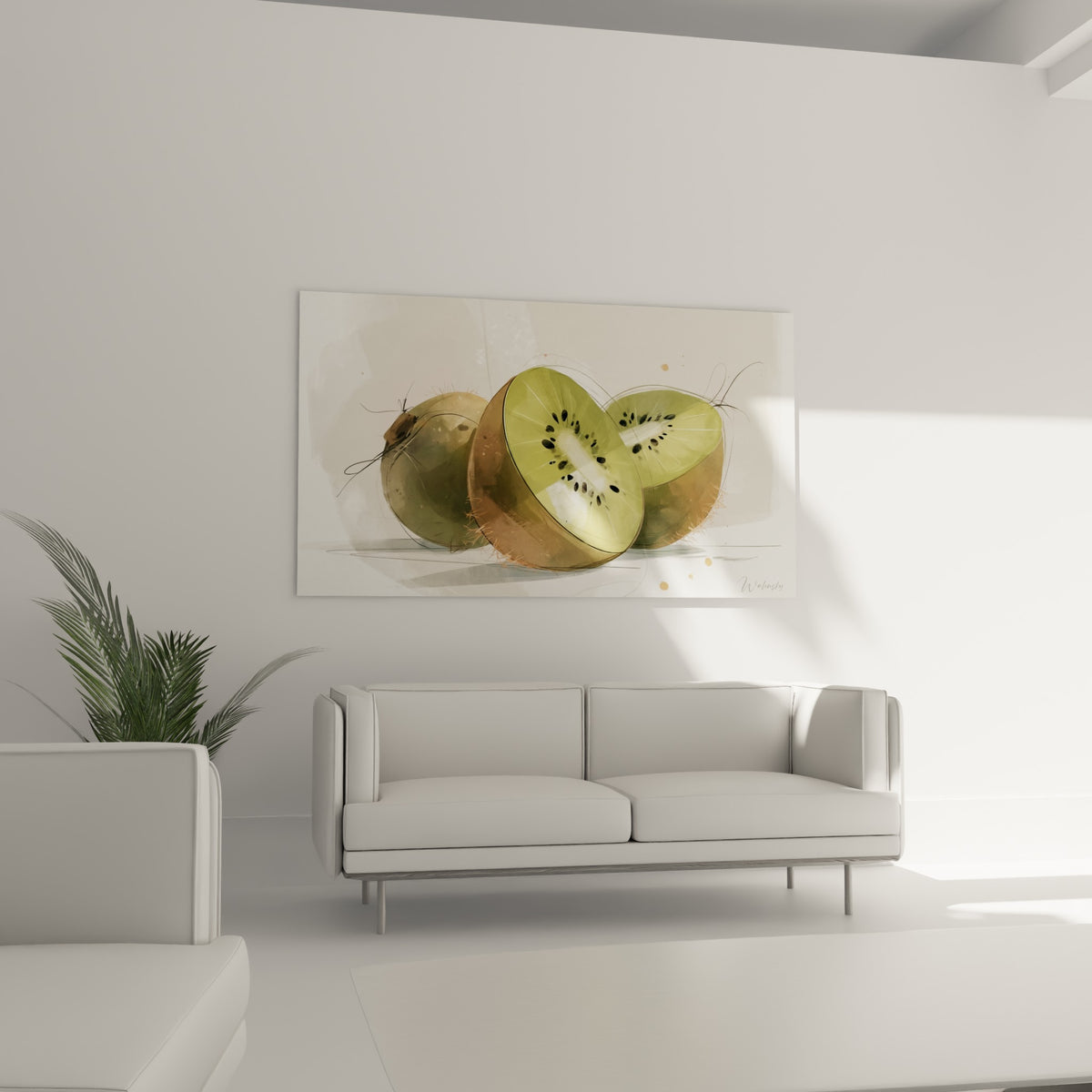 Nature morte de kiwis coupés vert amande et brun, suspendue au-dessus d'un canapé dans un salon lumineux