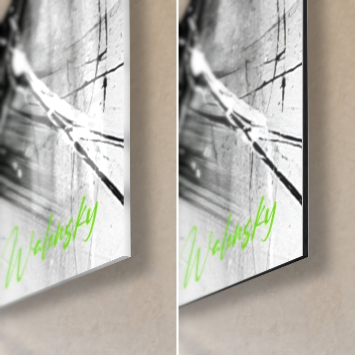 Wall art kiwi slice in bright green with black streaks, lower right corner, glossy glass on the left, matte Dibond on the right