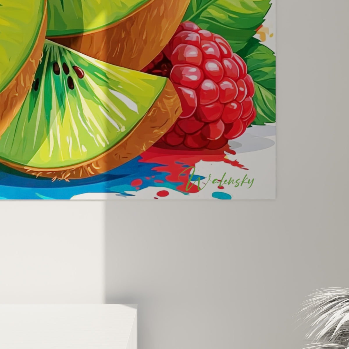 Grain de la toile révélant les nuances vertes et brunes des pépins du kiwi et le rouge intense des framboises