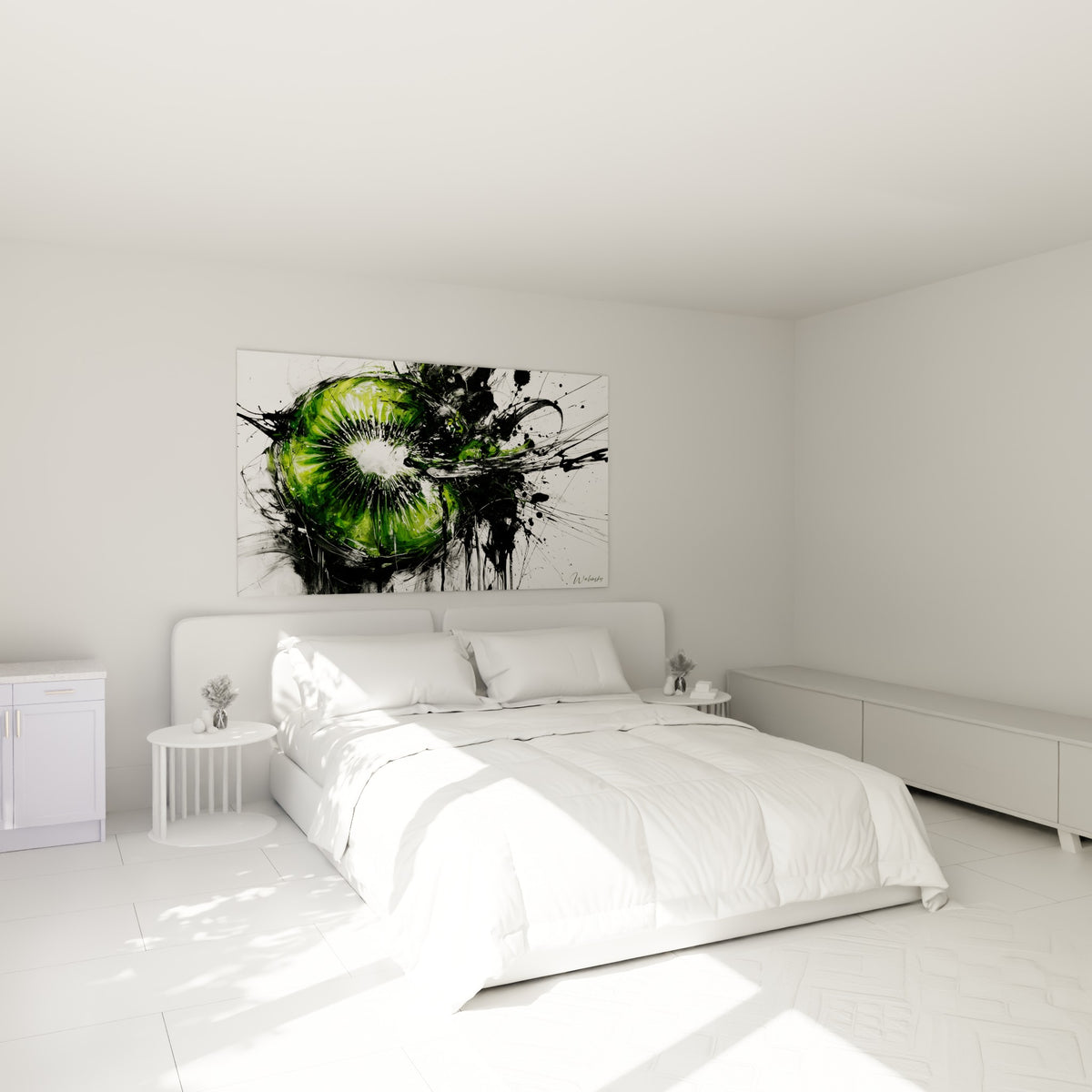 Tranche de kiwi vert et noir jaillissante, accrochée au-dessus d'un lit dans une chambre claire