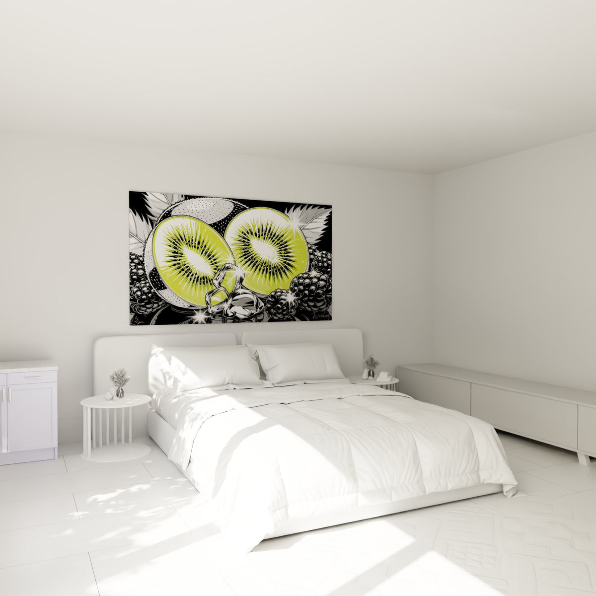 Fruits kiwi verts et mûres sombres illustrés au-dessus d'un lit dans une chambre claire