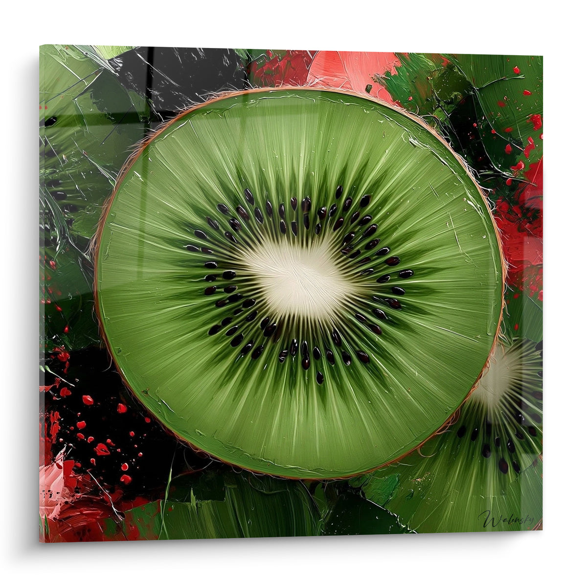 Tranche de kiwi vert sauge et graines noires éclaboussée de rouge vif sur fond noir