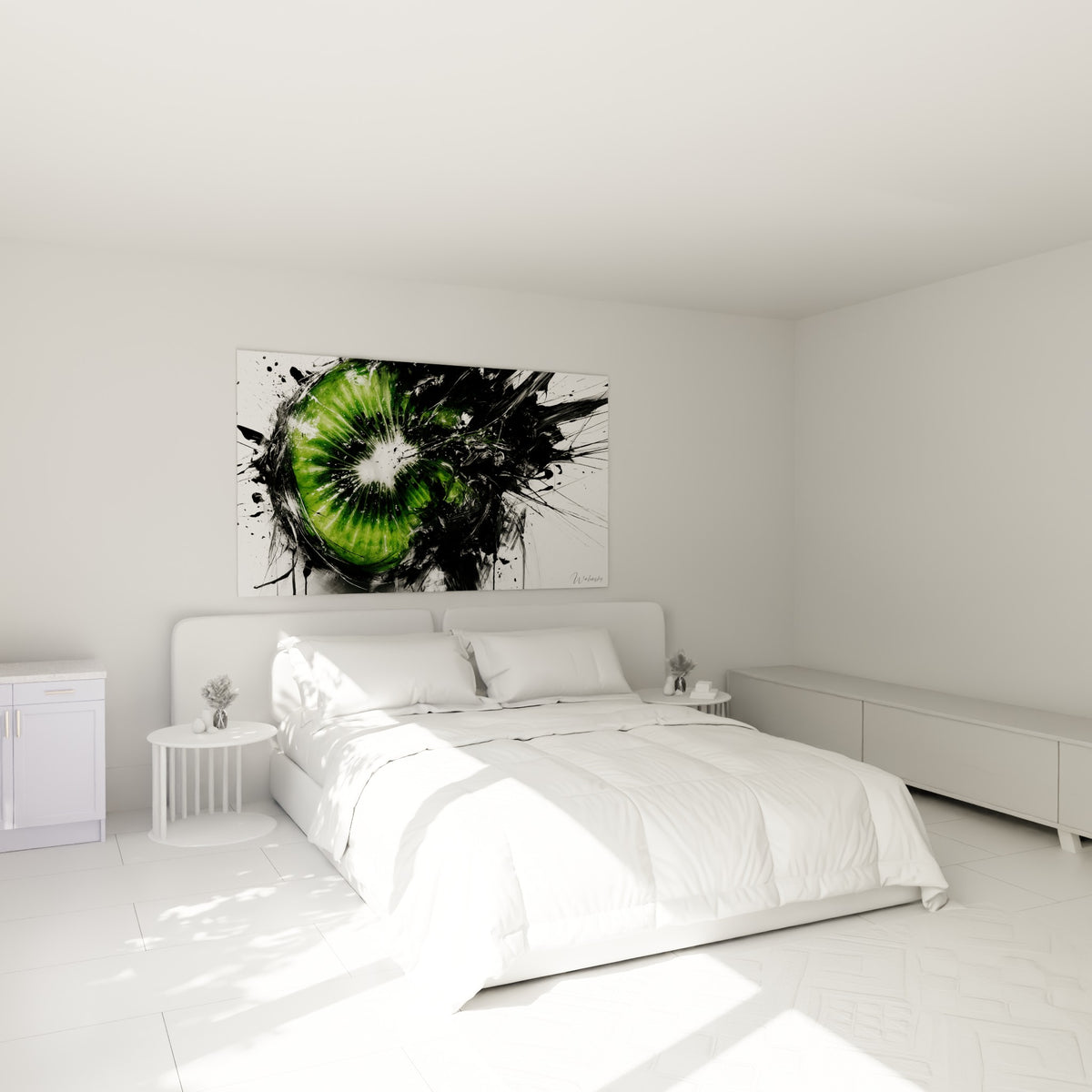 Fruit vert strié et encre noire dynamique dominent ce tableau kiwi au-dessus d'un lit dans une chambre claire