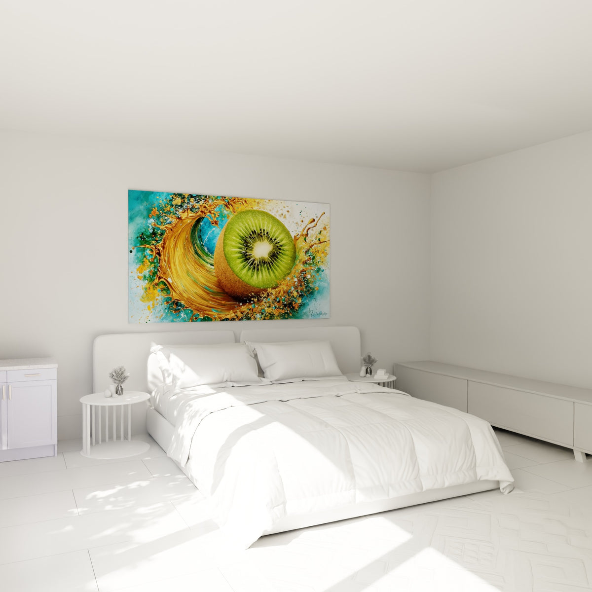 Fruit exotique aux teintes vert et or au-dessus d'un lit dans une chambre claire