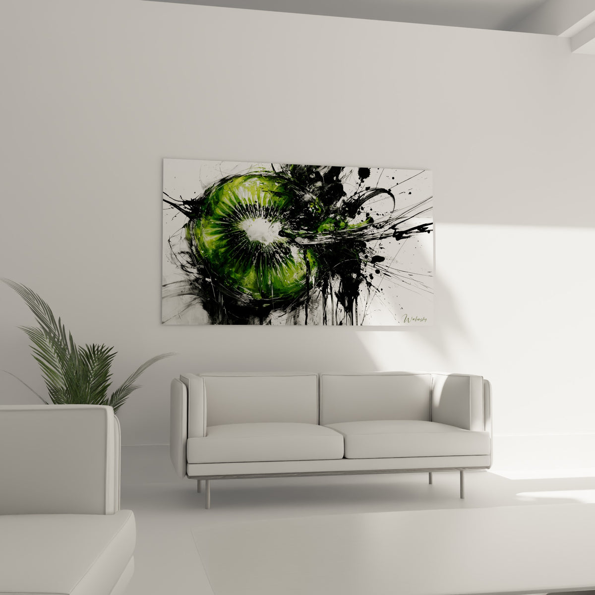 Fruit de kiwi éclaté en encre noire et vert vif, suspendu au-dessus d'un canapé dans un salon lumineux