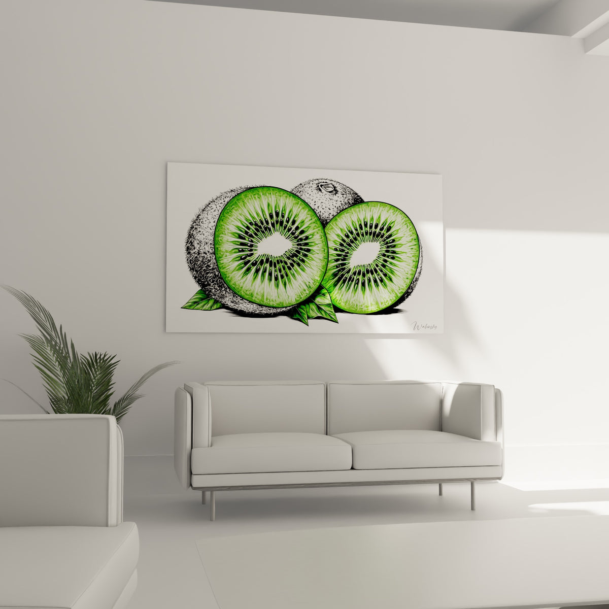 Tranches de kiwi vert et noir accrochées au-dessus d'un canapé dans un salon lumineux