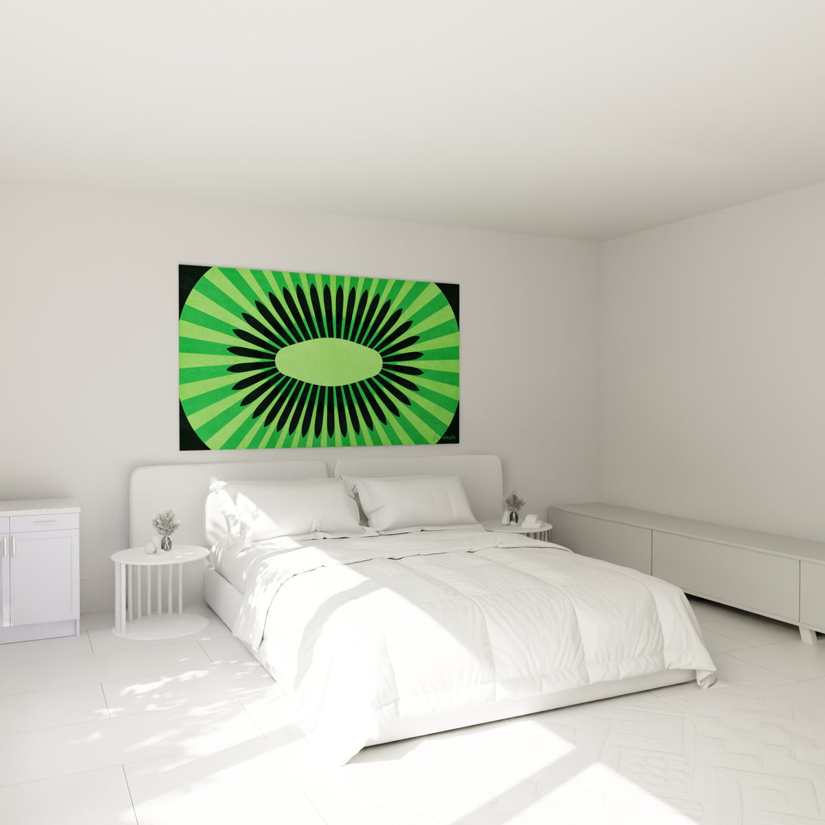 Motif kiwi vert clair et noir aux rayons géométriques, accroché au-dessus d'un lit dans une chambre claire