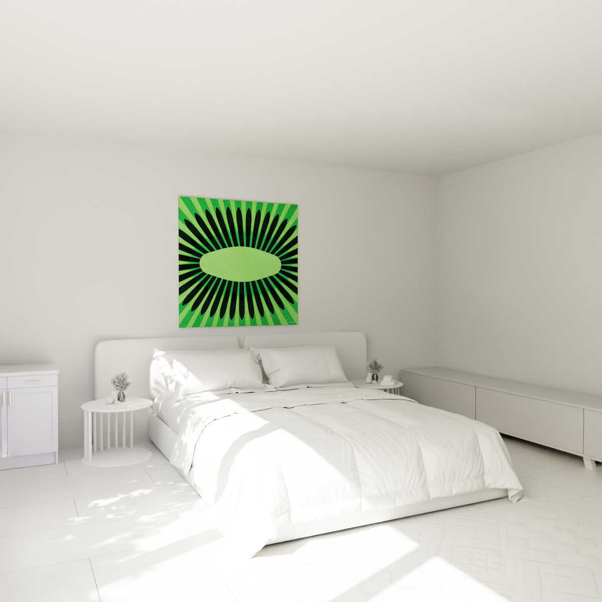 Motif kiwi vert et noir en rayons circulaires accroché au-dessus d'un lit dans une chambre claire