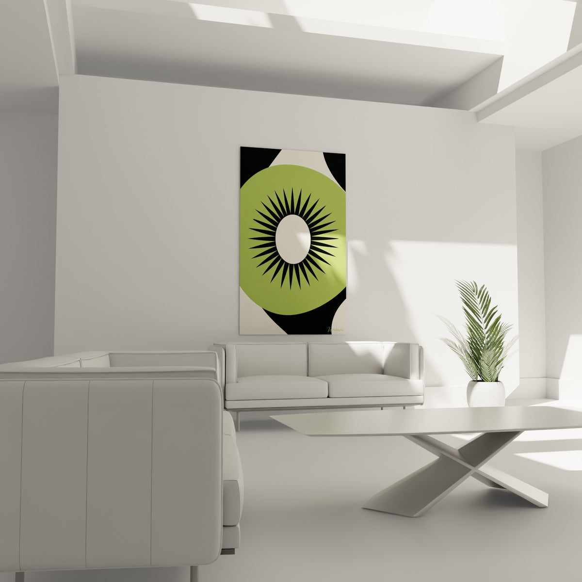 Disque vert kiwi et rayons noirs en éventail, positionné au-dessus d'un canapé dans un salon lumineux