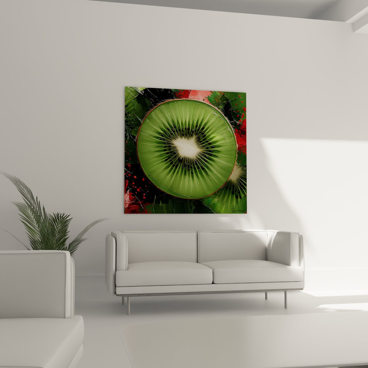Tranche de kiwi éclaboussée de rouge et noir suspendue au-dessus d'un canapé dans un salon lumineux