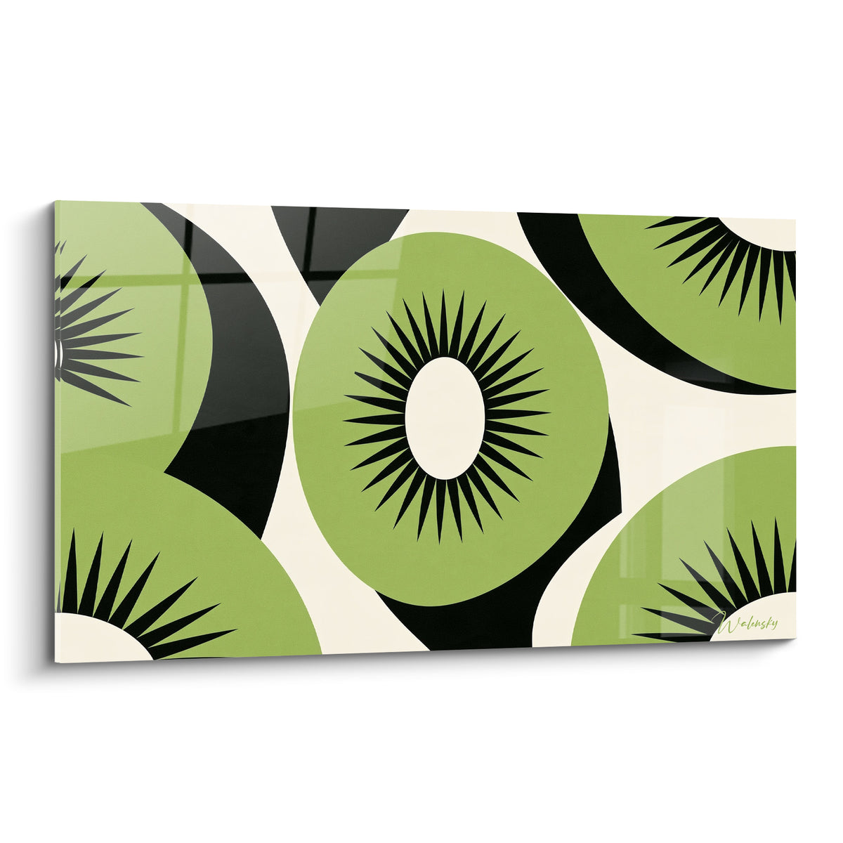 Rondelles de kiwi vert sauge et noir profond en motif graphique répétitif sur fond ivoire