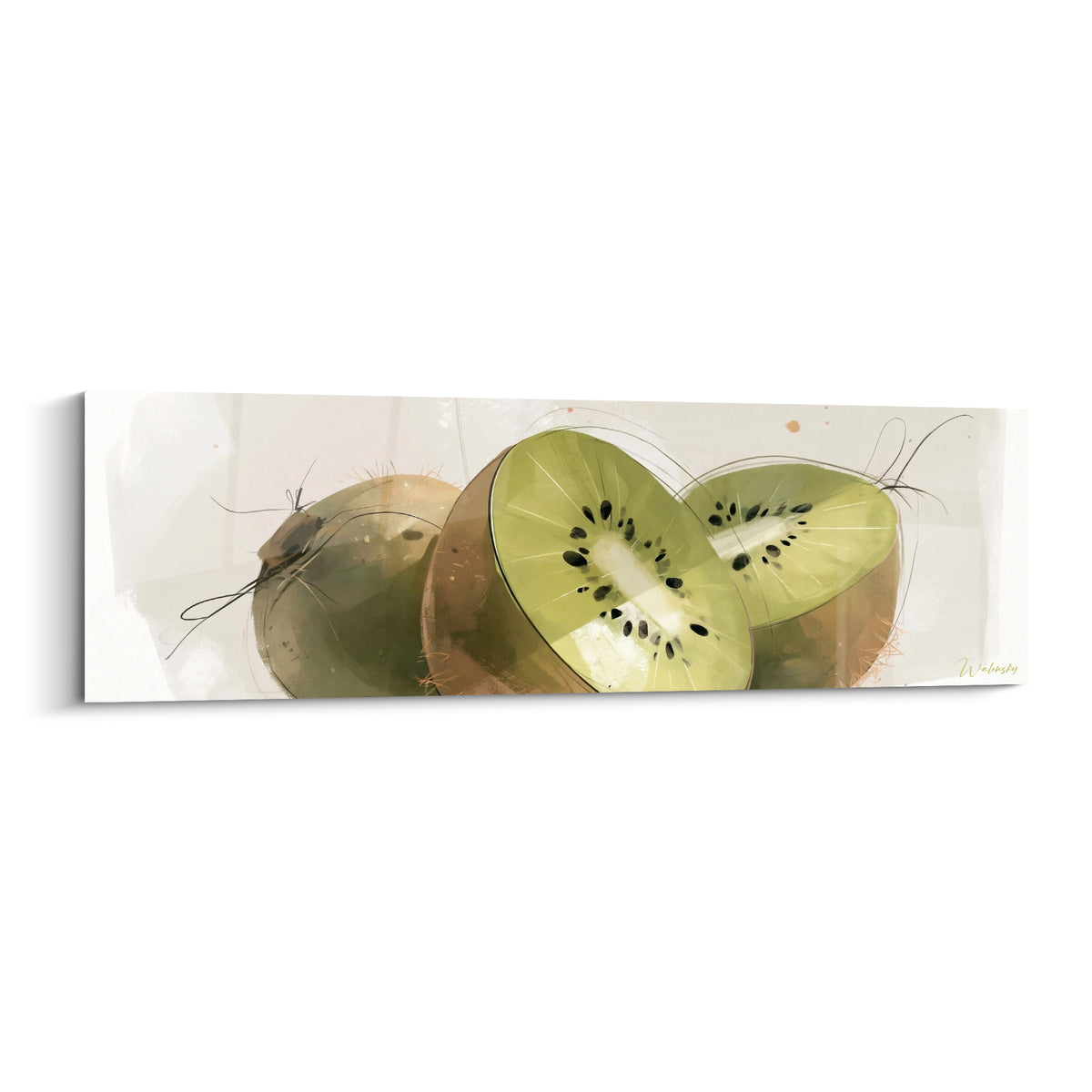 Kiwis tranchés vert tendre et brun, pépins noirs visibles, style aquarelle sur fond ivoire