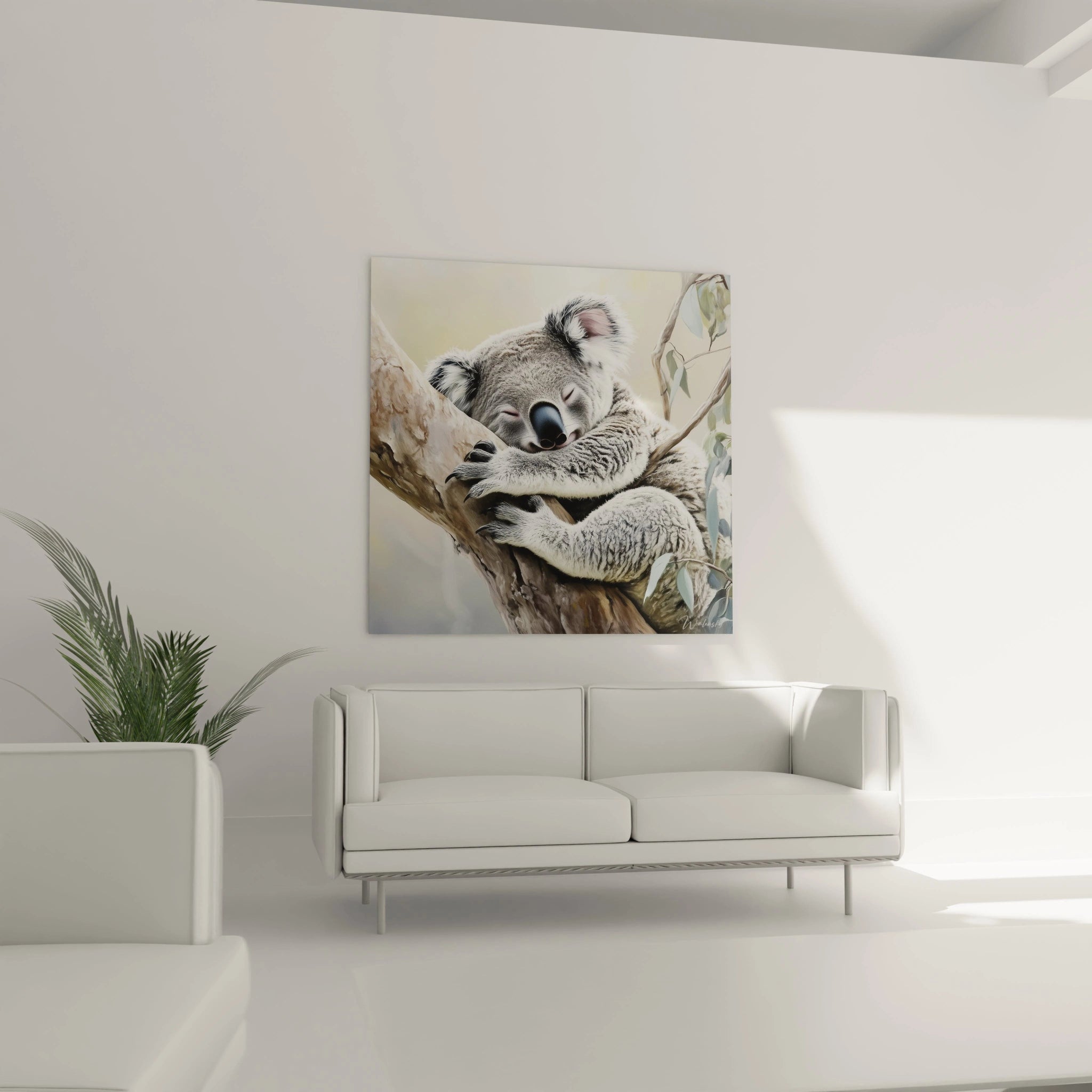 Tableau koala Walensky représentant un koala endormi sur une branche dans un salon moderne blanc