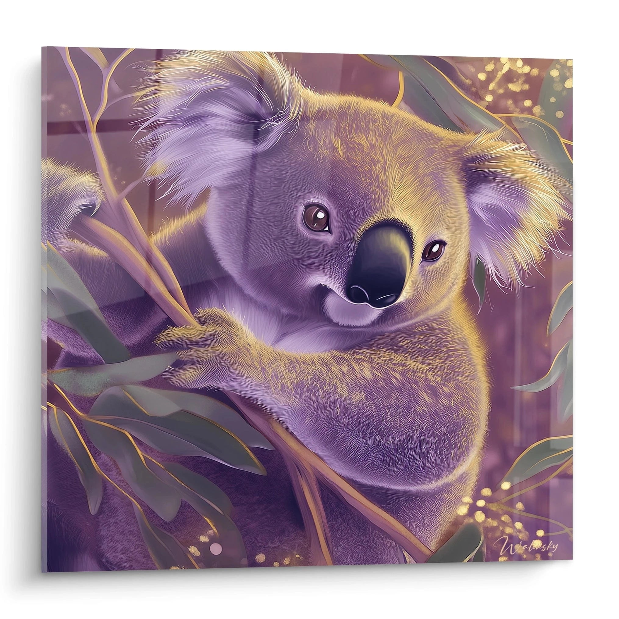 Tableau koala Walensky illustrant un koala mignon accroché à une branche avec un fond aux tons violets