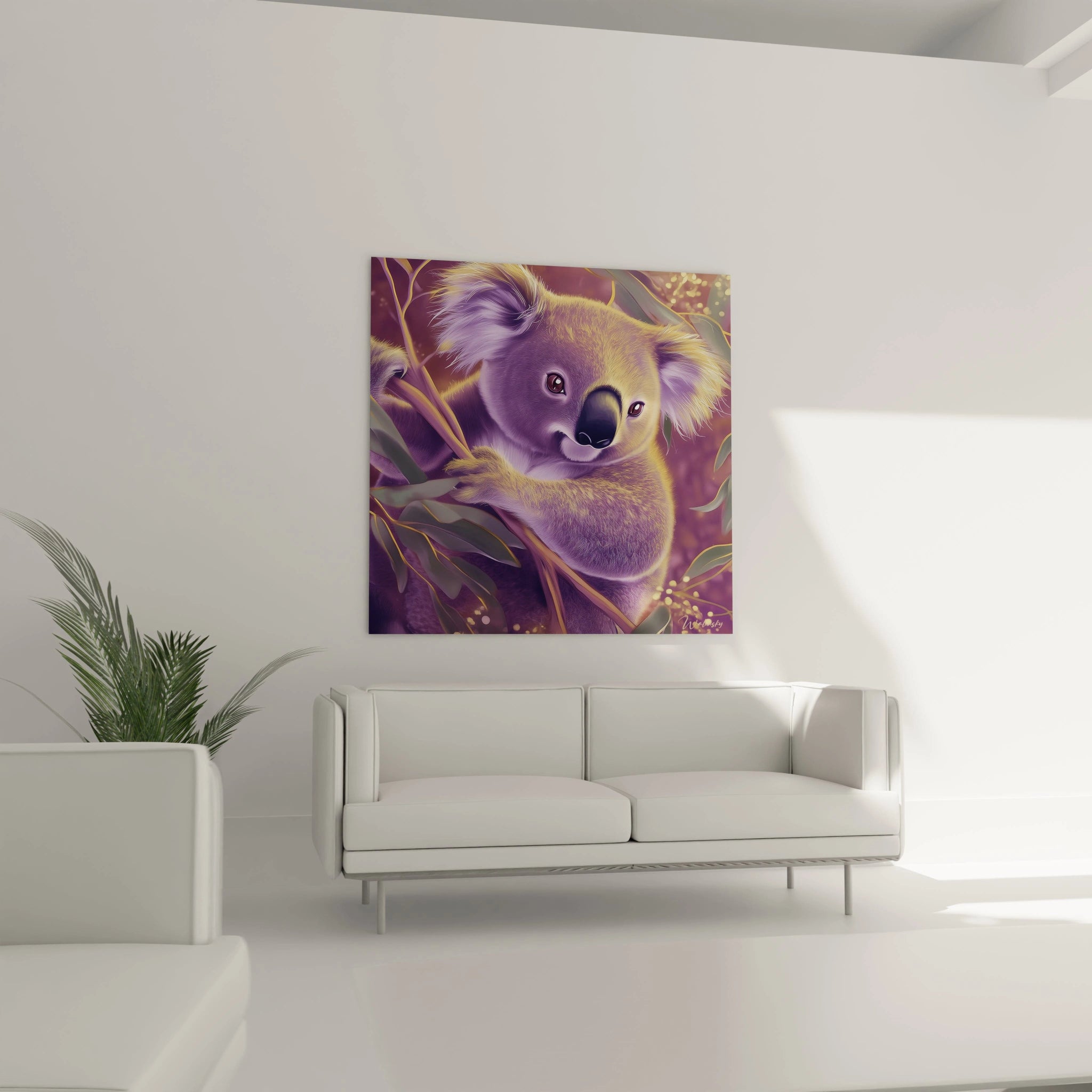 Tableau koala Walensky accroché dans un salon moderne avec canapé blanc et plante verte