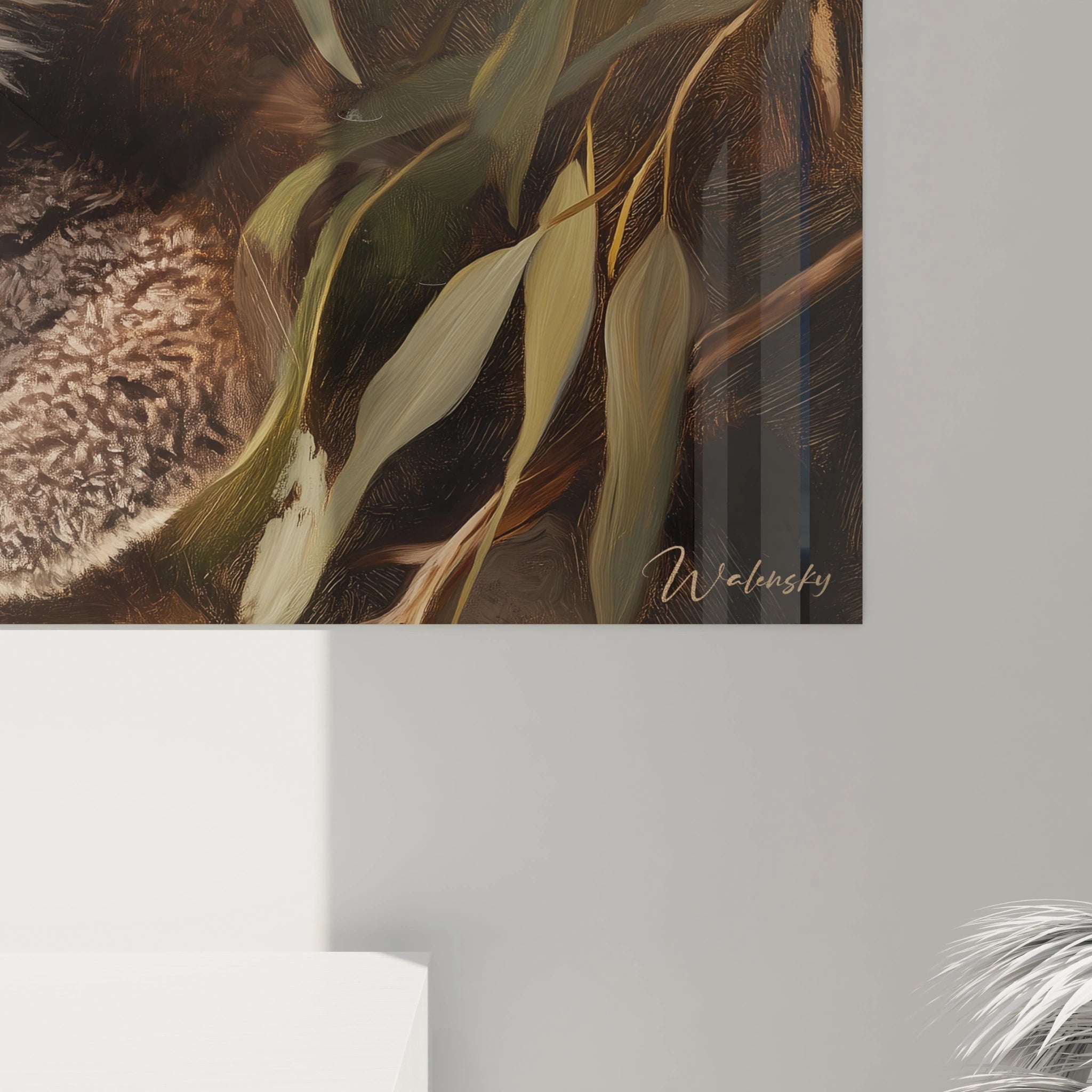 Détail du tableau koala Walensky montrant les feuilles et la fourrure douce de l'animal