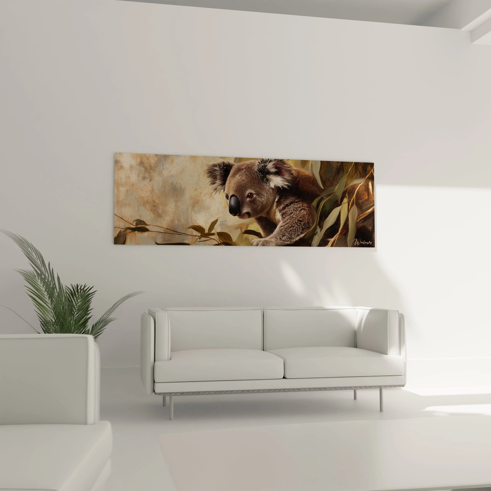Tableau koala Walensky accroché au-dessus d'un canapé blanc dans un salon moderne lumineux