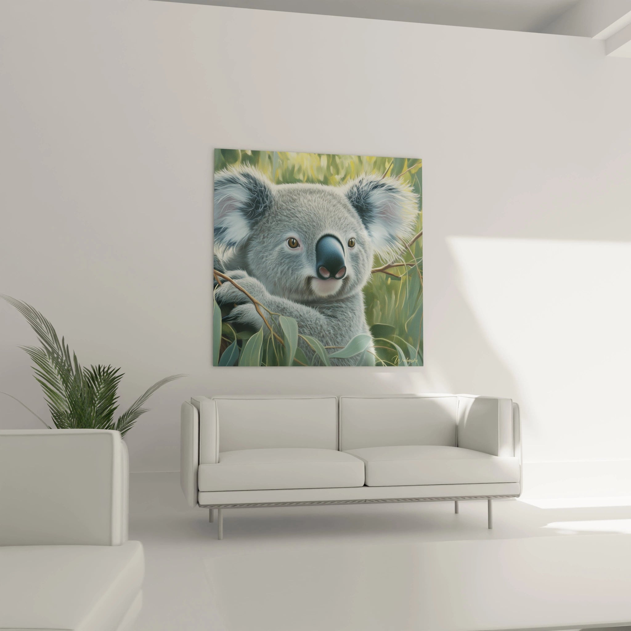Tableau koala Walensky accroché dans un salon moderne avec canapé blanc et plante verte