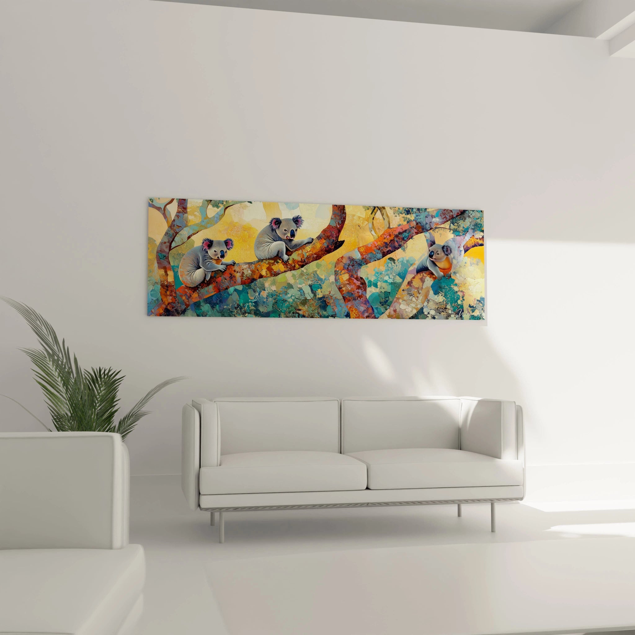 Tableau koala coloré de Walensky accroché au-dessus d'un canapé blanc dans un salon lumineux