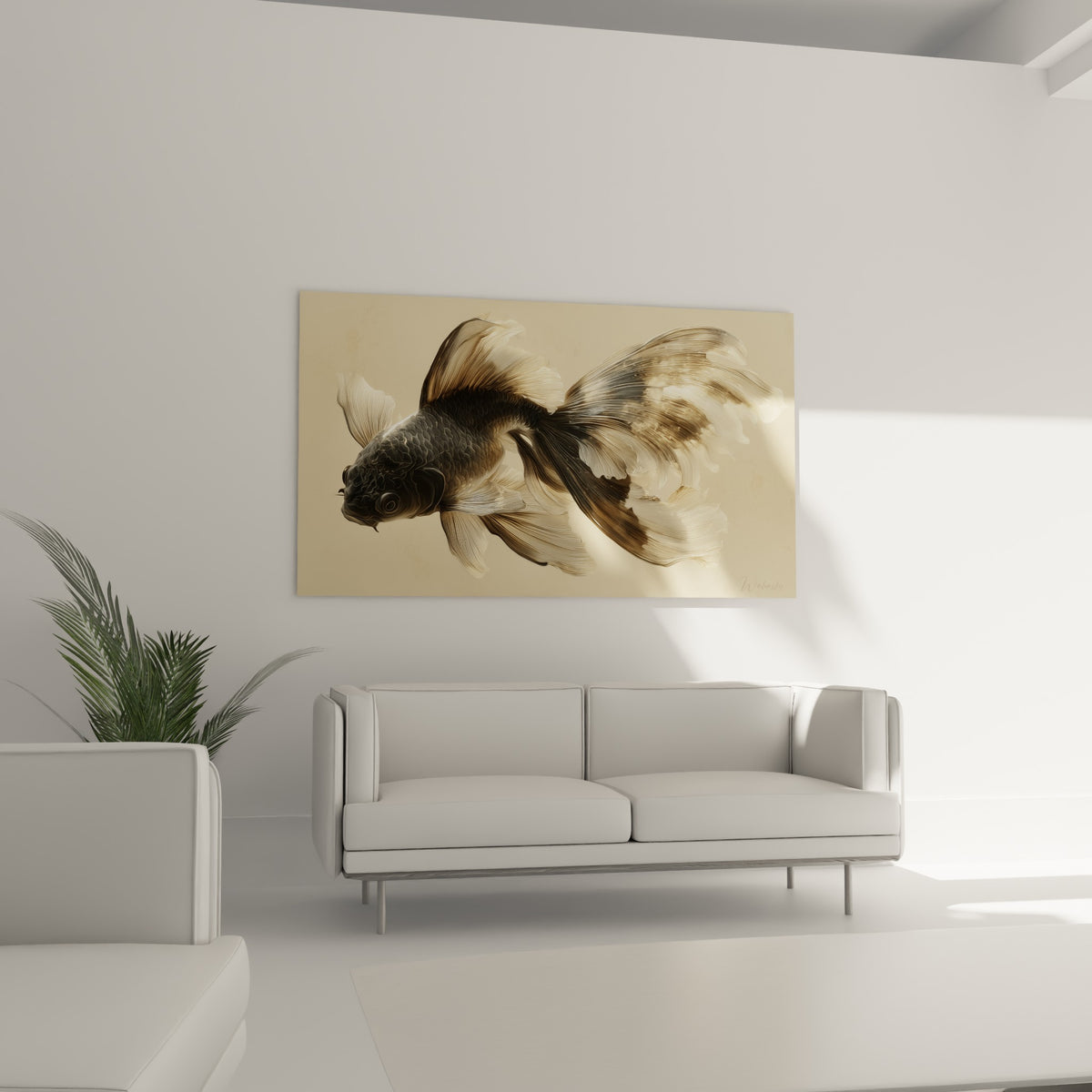 Silhouette de koï anthracite et beige suspendue au-dessus d'un canapé dans un salon lumineux