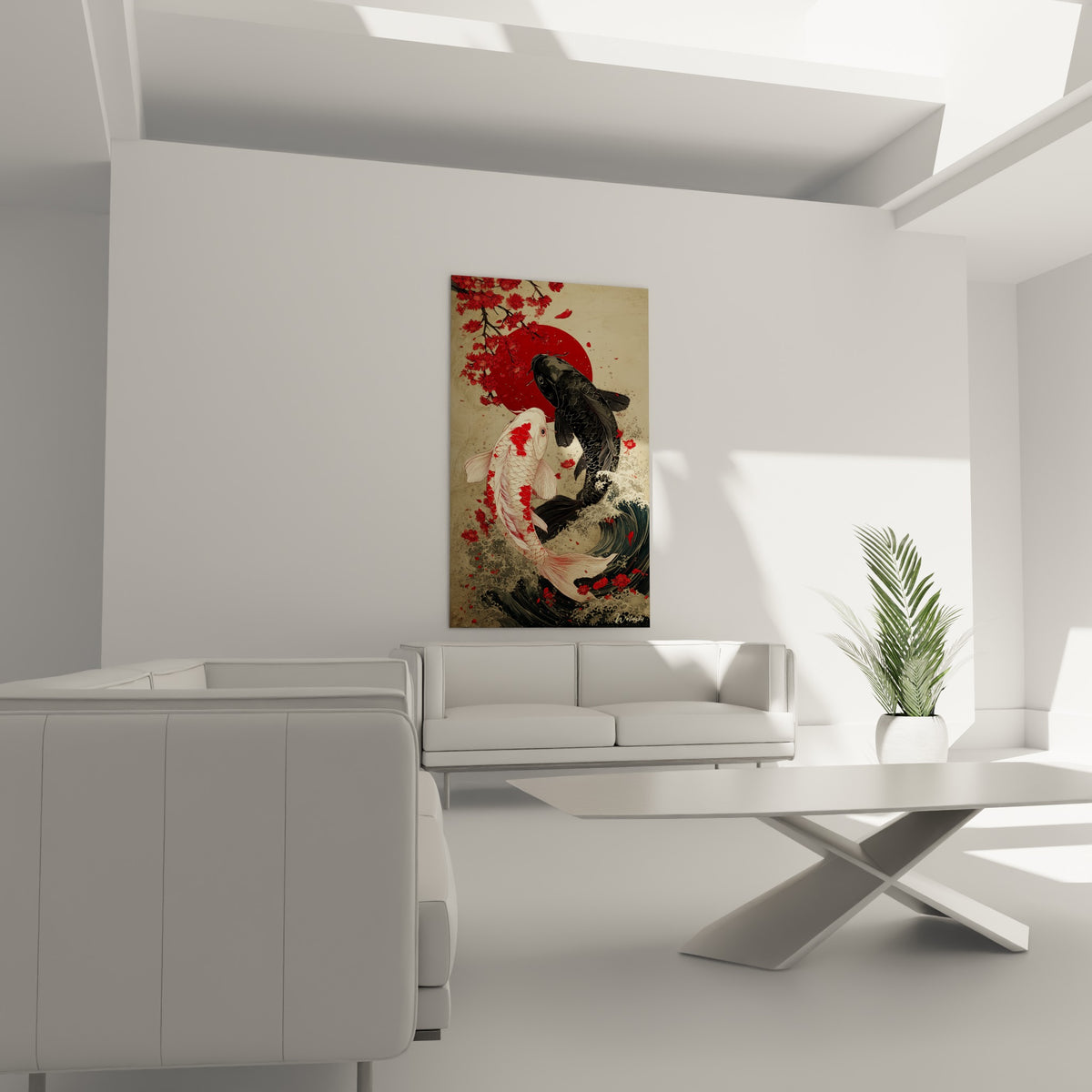 Poissons koï beige et anthracite en spirale devant un soleil rouge, au-dessus d'un canapé dans un salon lumineux