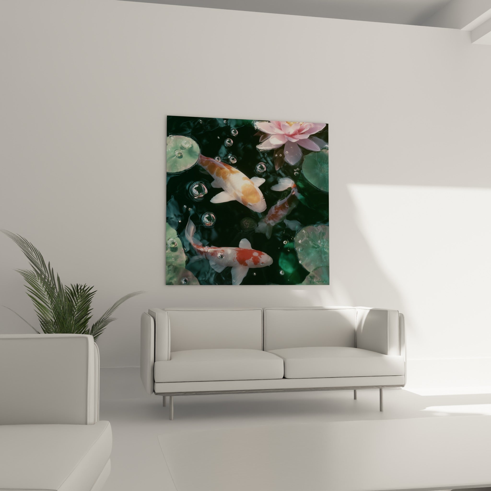 Poissons koï blanc et orange entourés de bulles cristallines, au-dessus d'un canapé dans un salon lumineux