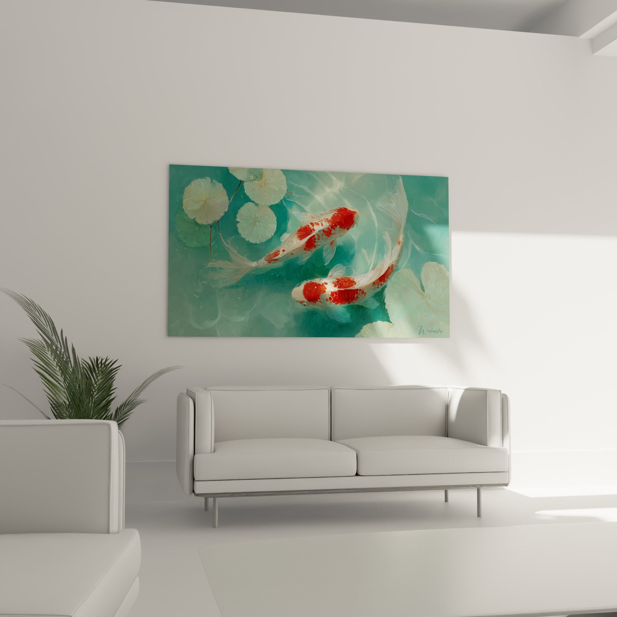 Deux carpes rouge vif ondulant dans un bassin turquoise, au-dessus d'un canapé dans un salon lumineux