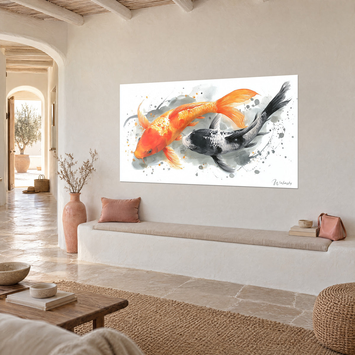 Wall art pair of red-orange and pearly black fish, fins spread on a washed grey background, whitewashed wall, pale stone bench