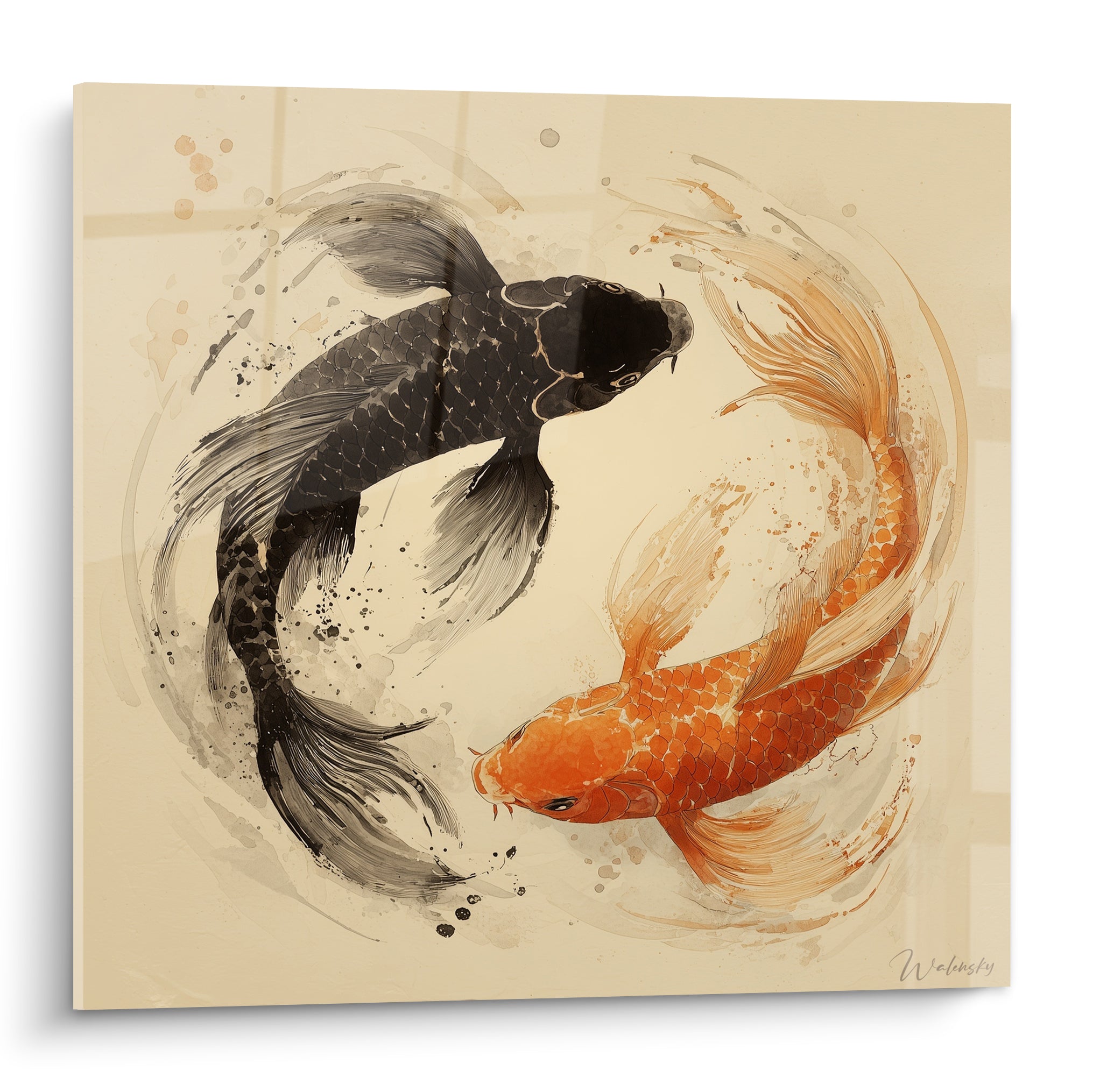 Carpes koï noire et orange en cercle sur fond ivoire, style aquarelle japonaise détaillée