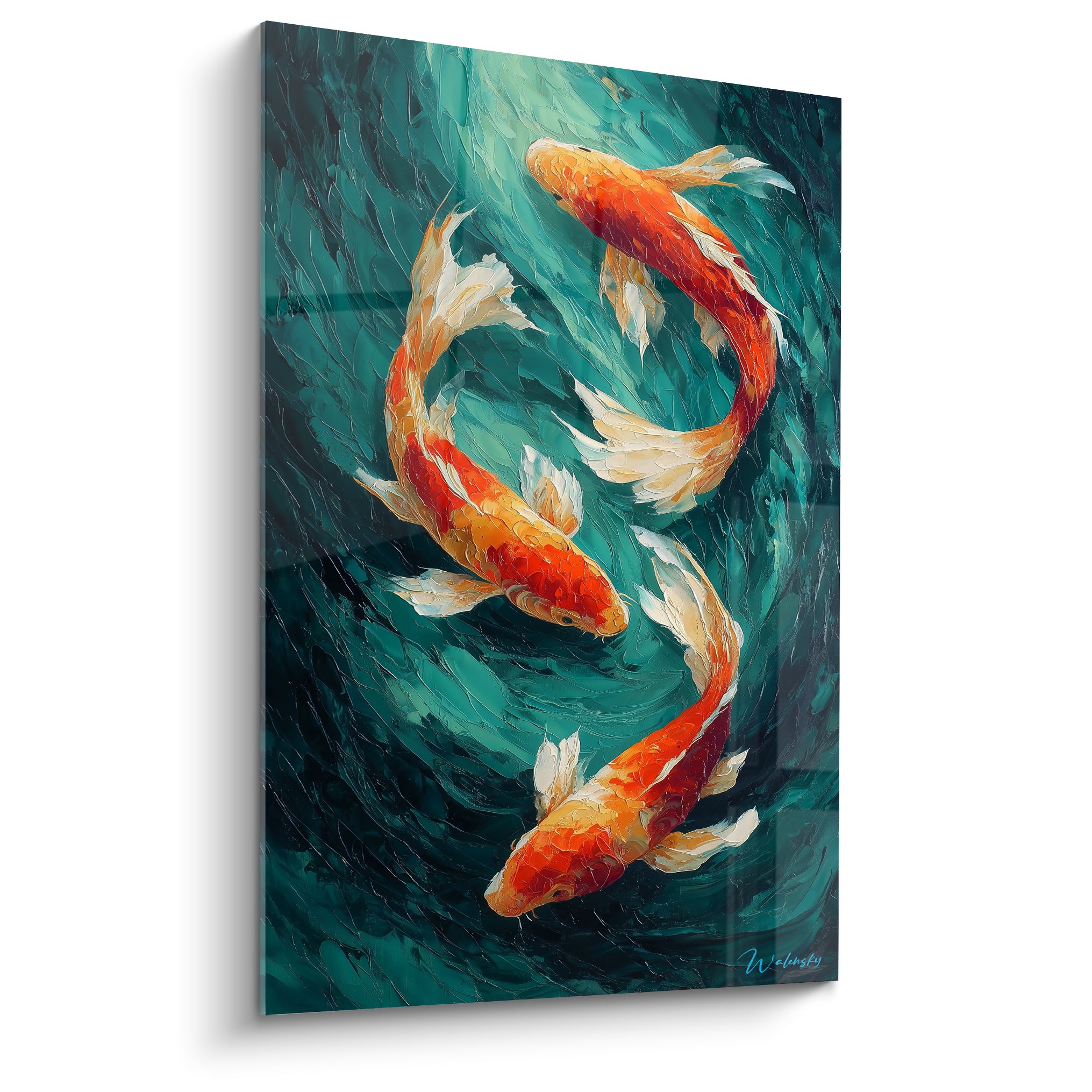 Trois carpes Koï orange et dorées tourbillonnent sur fond sarcelle en peinture texturée