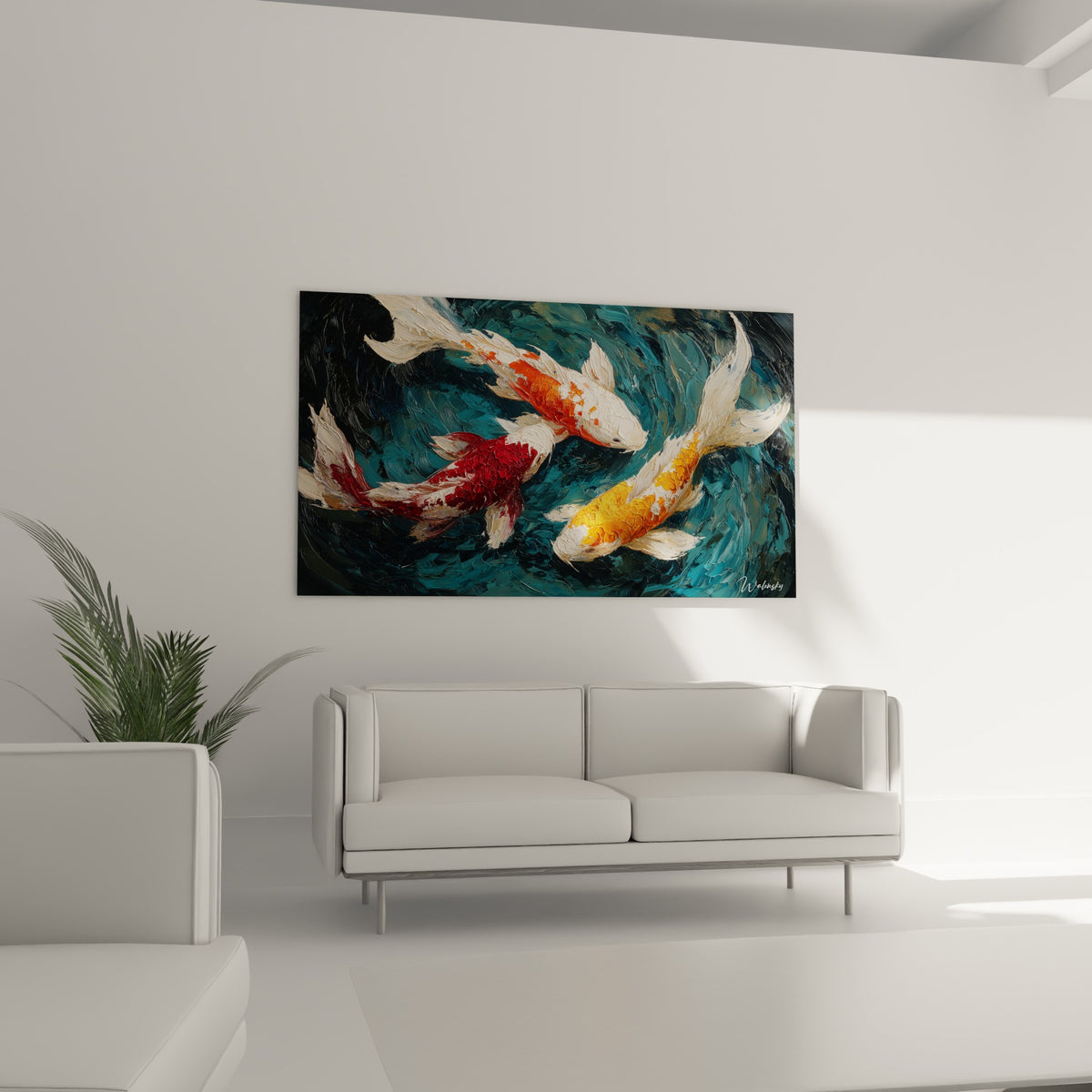 Poissons koï dorés et rouges glissant dans l'eau bleutée, au-dessus d'un canapé dans un salon lumineux