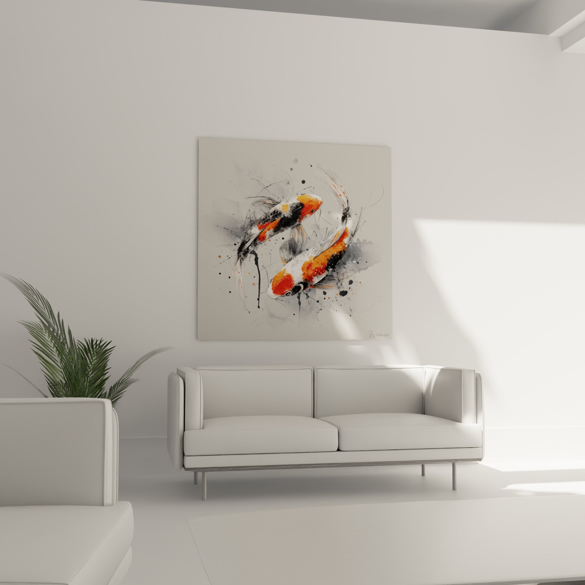 Carpes koi noires et orangées en mouvement circulaire au-dessus d'un canapé dans un salon lumineux