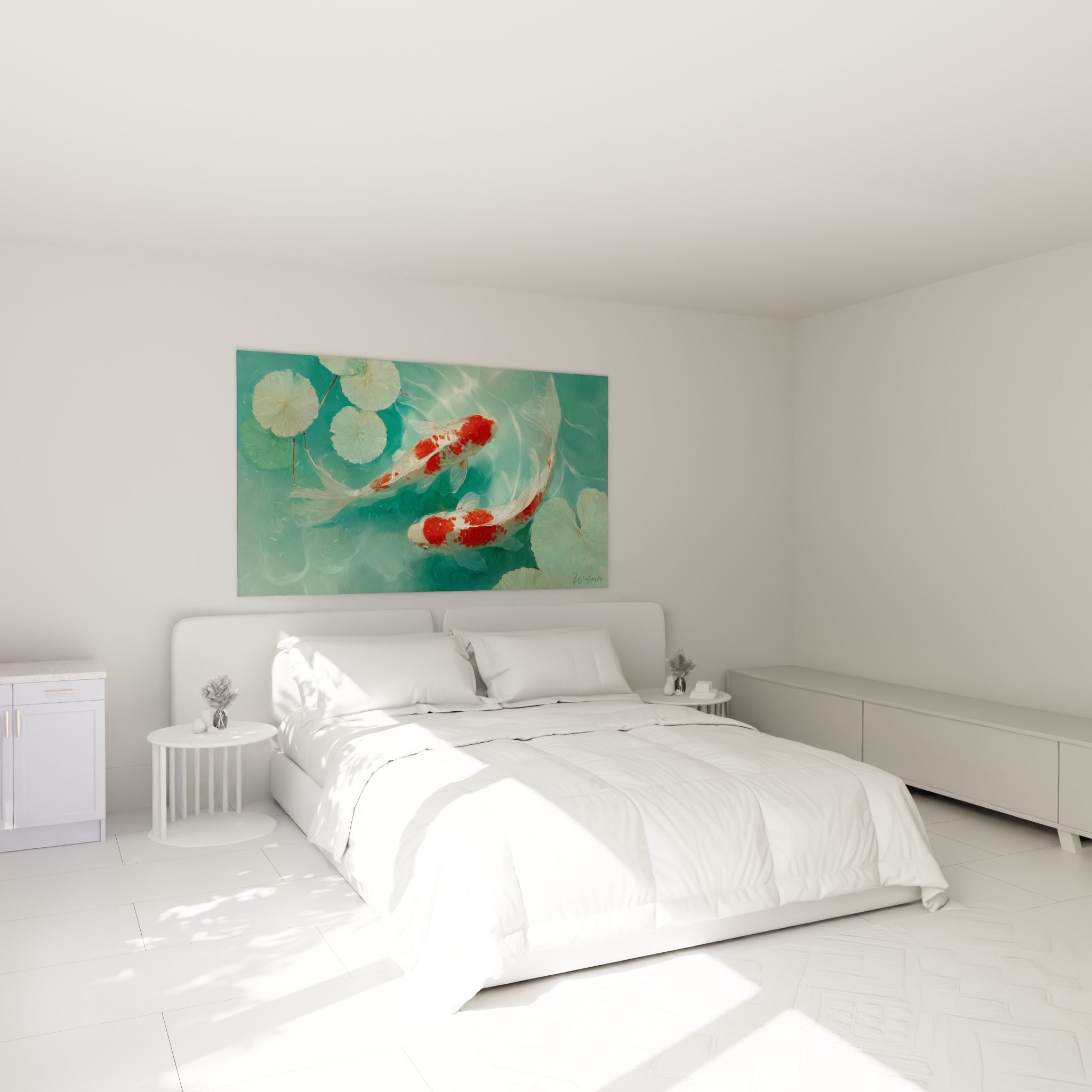 Poissons koï corail glissant dans une onde turquoise, accrochés au-dessus d'un lit dans une chambre claire